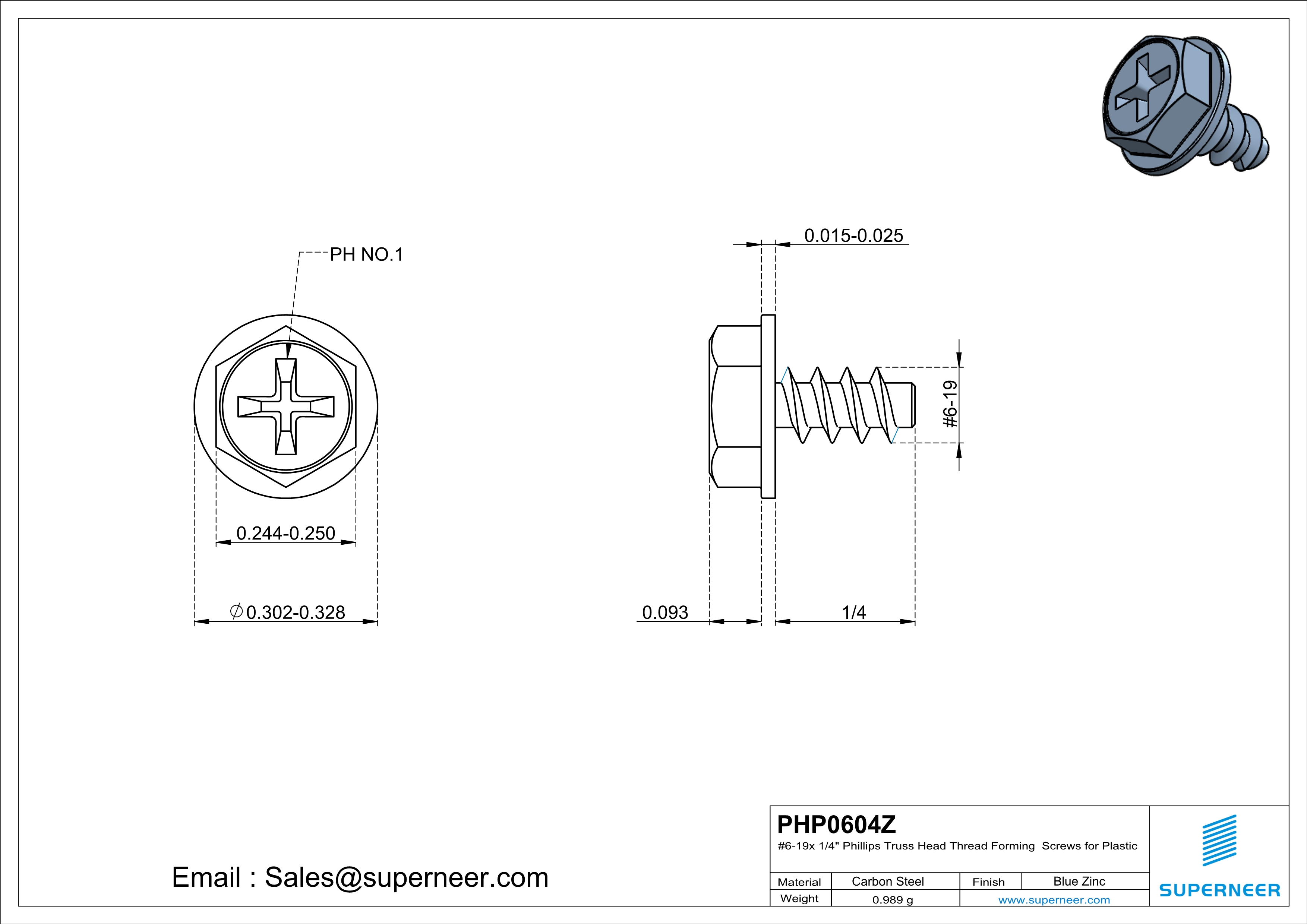 6 × 1/4" Hex Washer Head Phillips Thread Forming inch Screws for Plastic  Steel Blue Zinc Plated