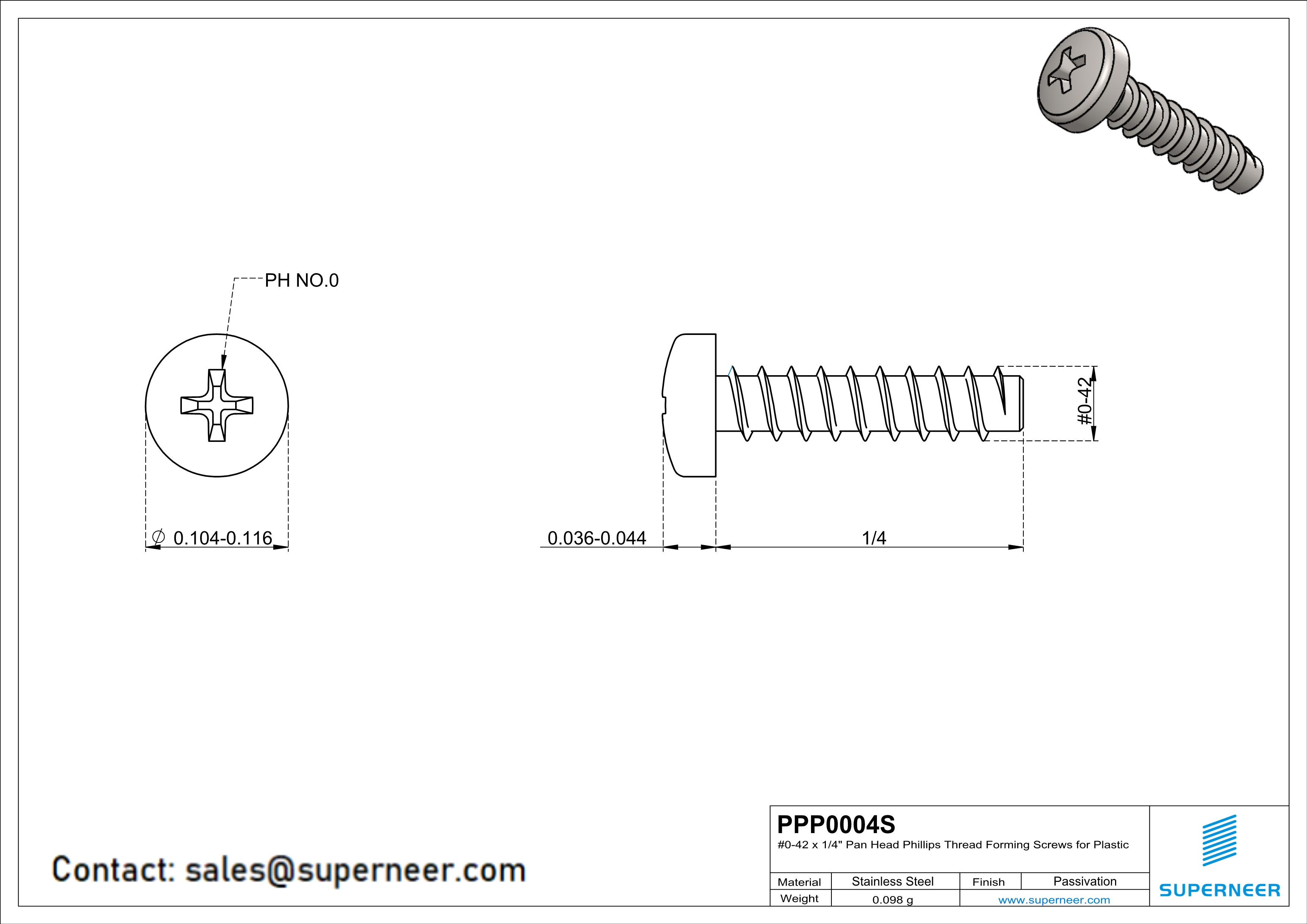 0 × 1/4" Pan Head Phillips Thread Forming inch Screws for Plastic  SUS304 Stainless Steel Inox