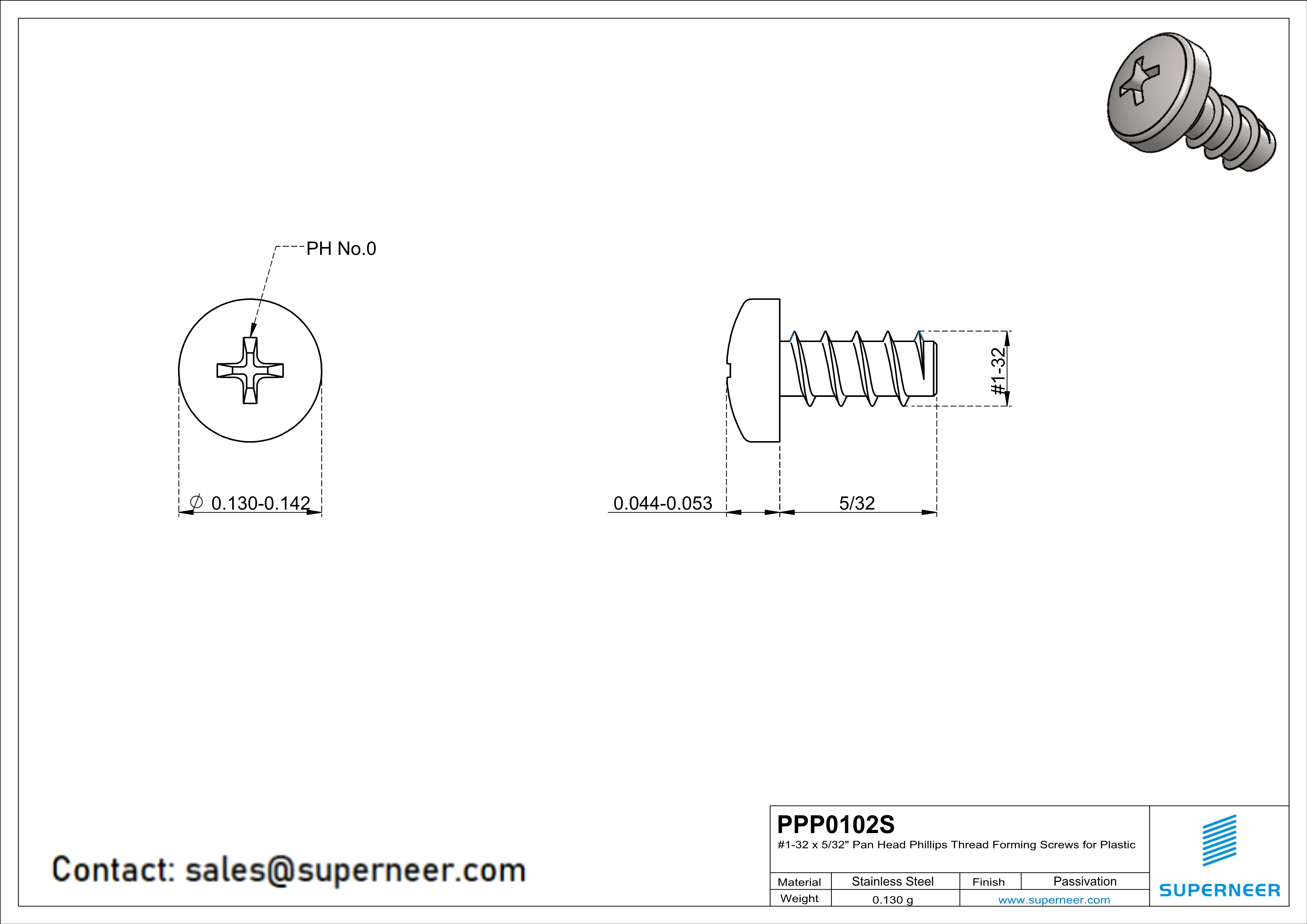 1 × 5/32" Pan Head Phillips Thread Forming inch Screws for Plastic  SUS304 Stainless Steel Inox