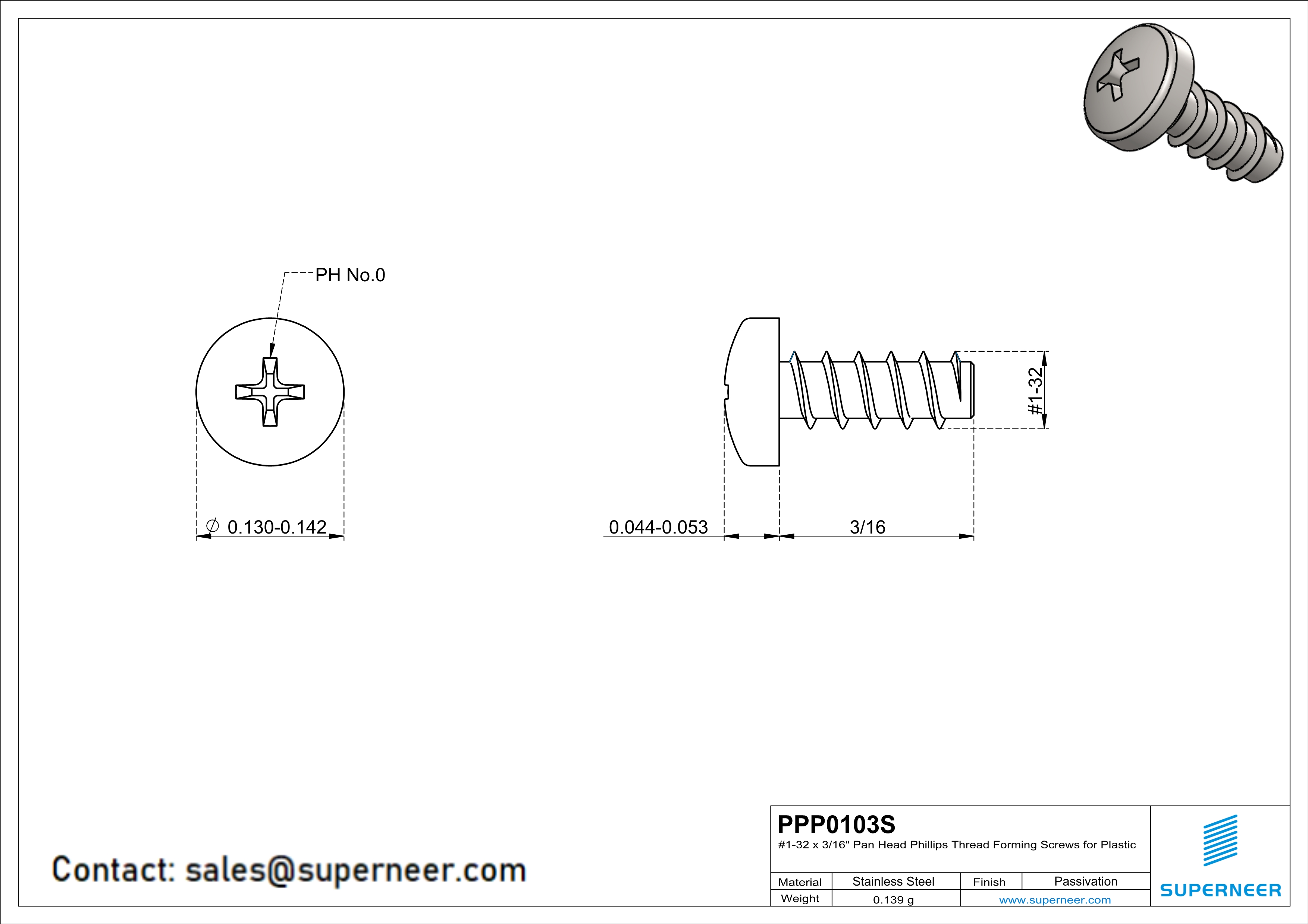 1 × 3/16" Pan Head Phillips Thread Forming inch Screws for Plastic  SUS304 Stainless Steel Inox