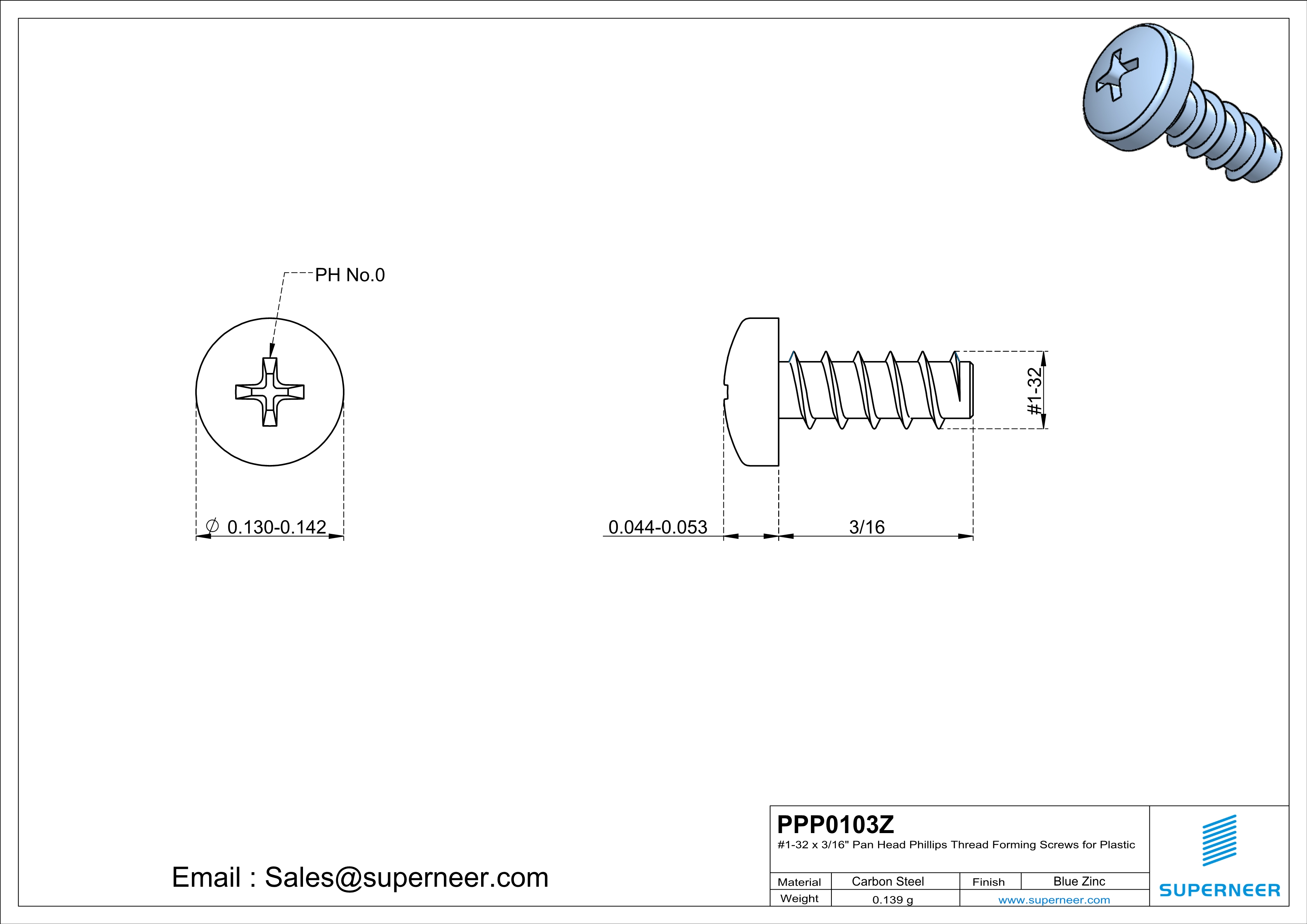 1 × 3/16" Pan Head Phillips Thread Forming inch Screws for Plastic  Steel Blue Zinc Plated