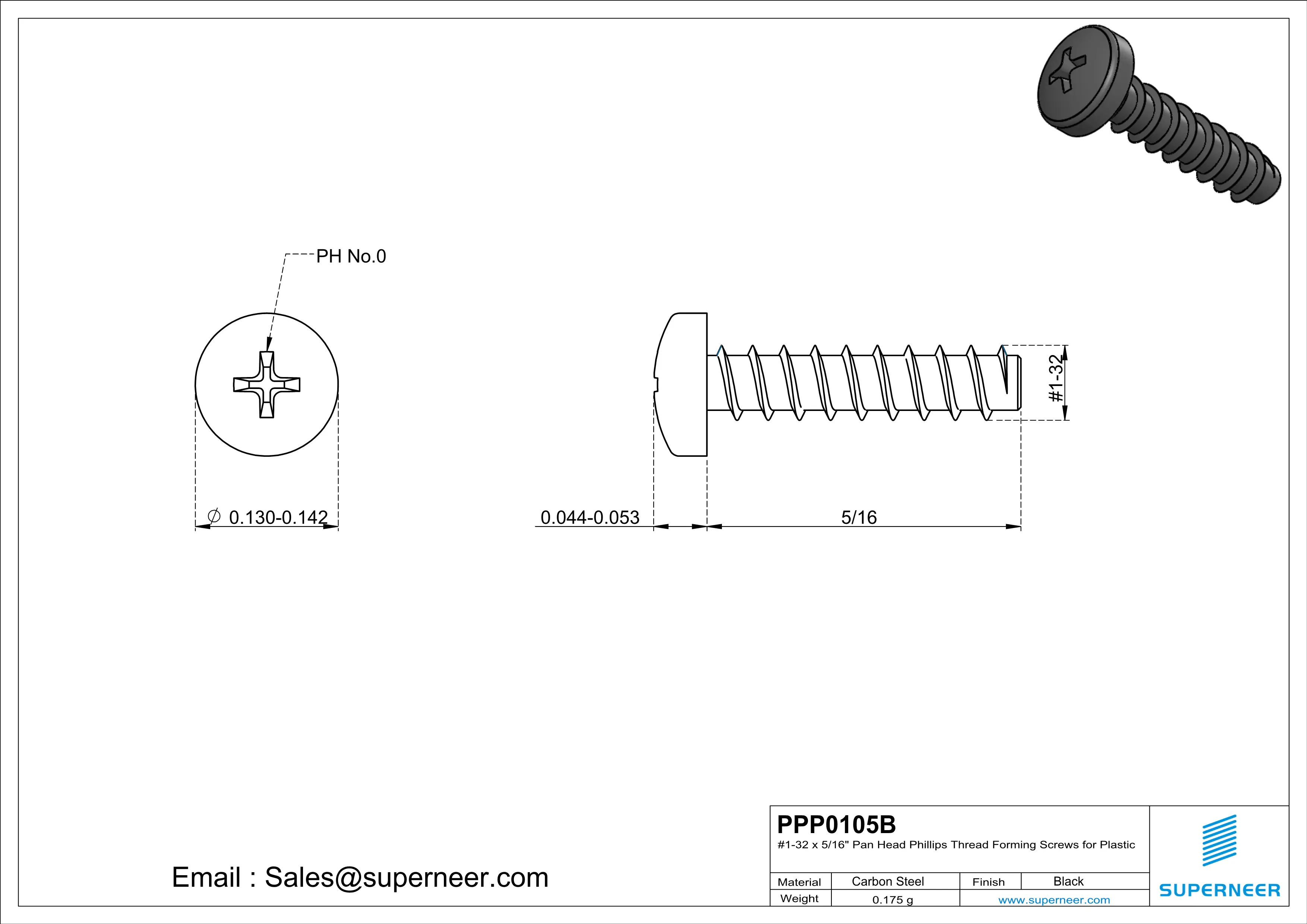 1 × 5/16" Pan Head Phillips Thread Forming inch Screws for Plastic  Steel Black