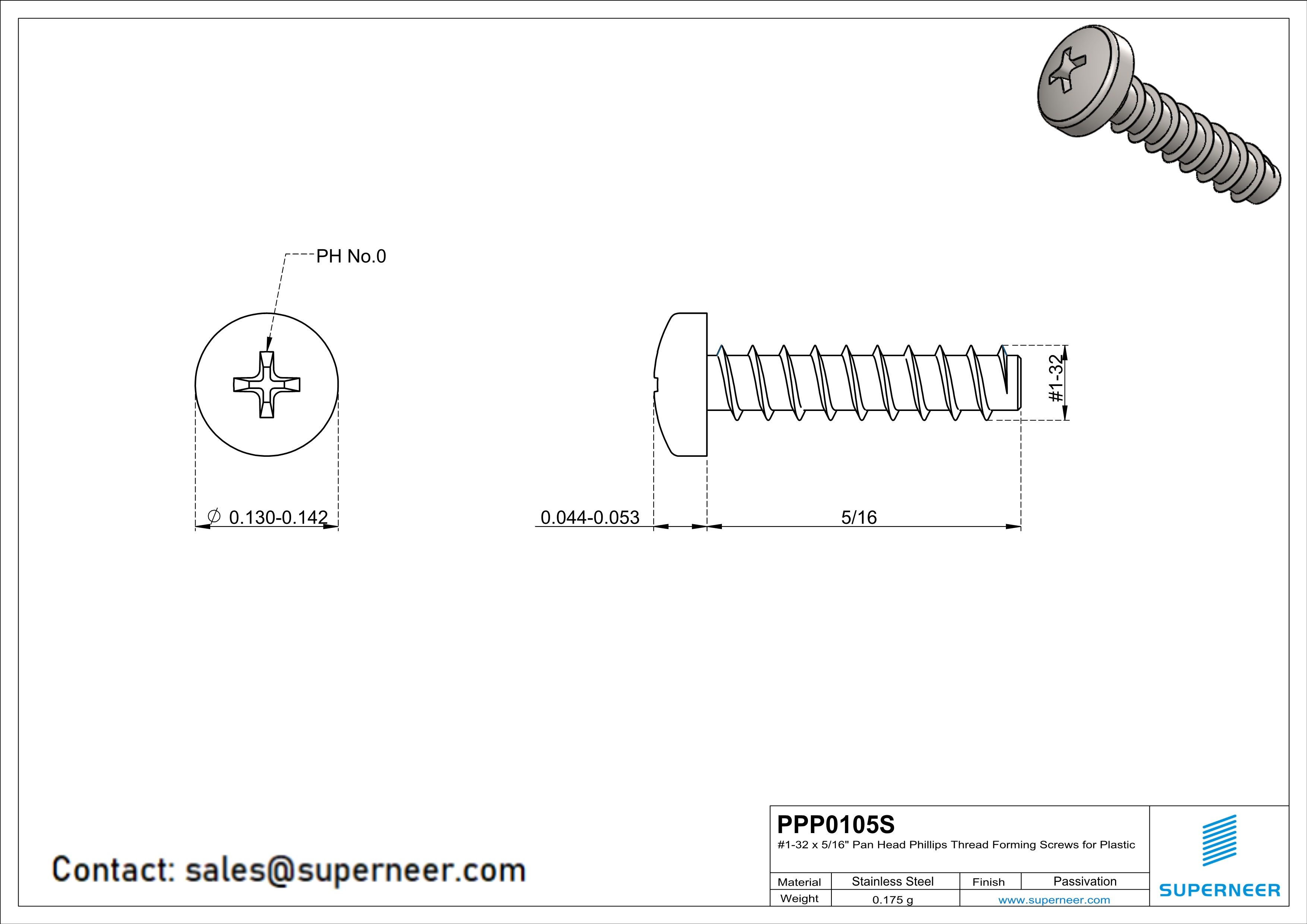 1 × 5/16" Pan Head Phillips Thread Forming inch Screws for Plastic  SUS304 Stainless Steel Inox