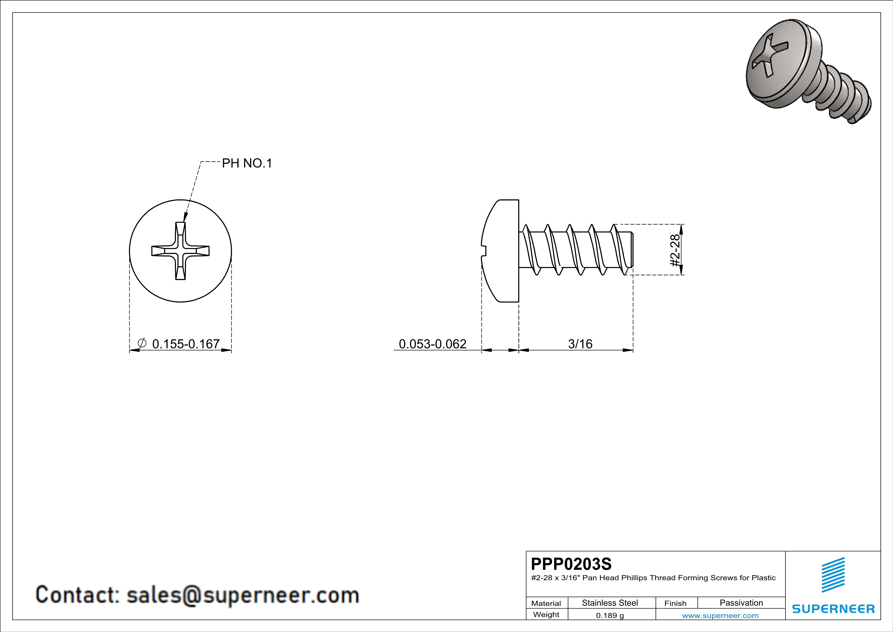 2 × 3/16" Pan Head Phillips Thread Forming inch Screws for Plastic  SUS304 Stainless Steel Inox