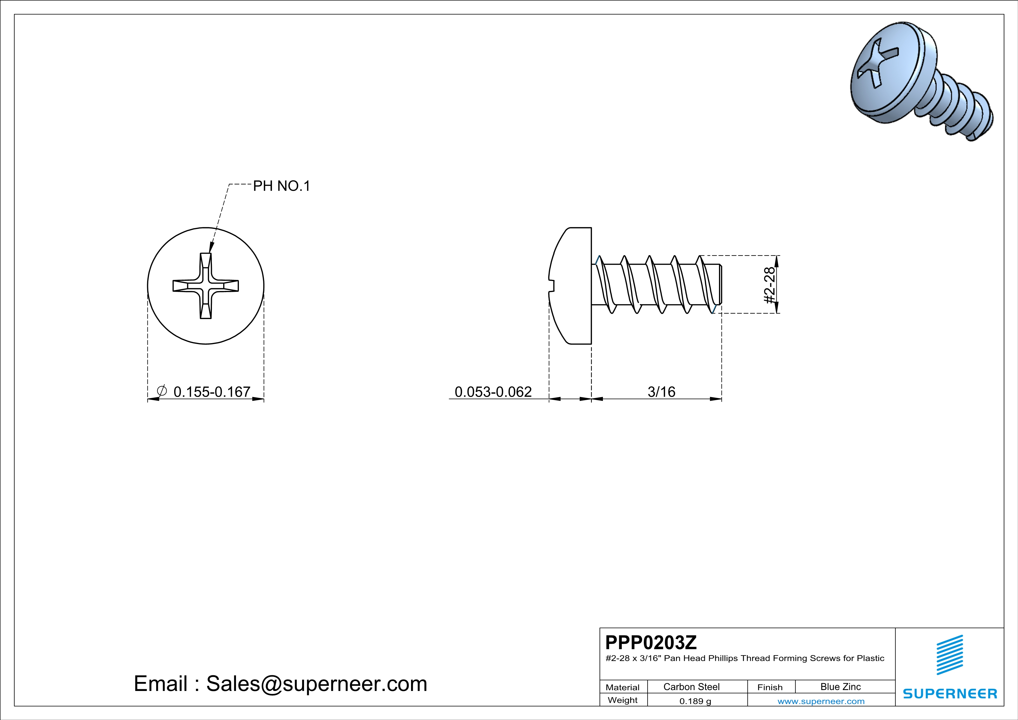 2 × 3/16" Pan Head Phillips Thread Forming inch Screws for Plastic  Steel Blue Zinc Plated