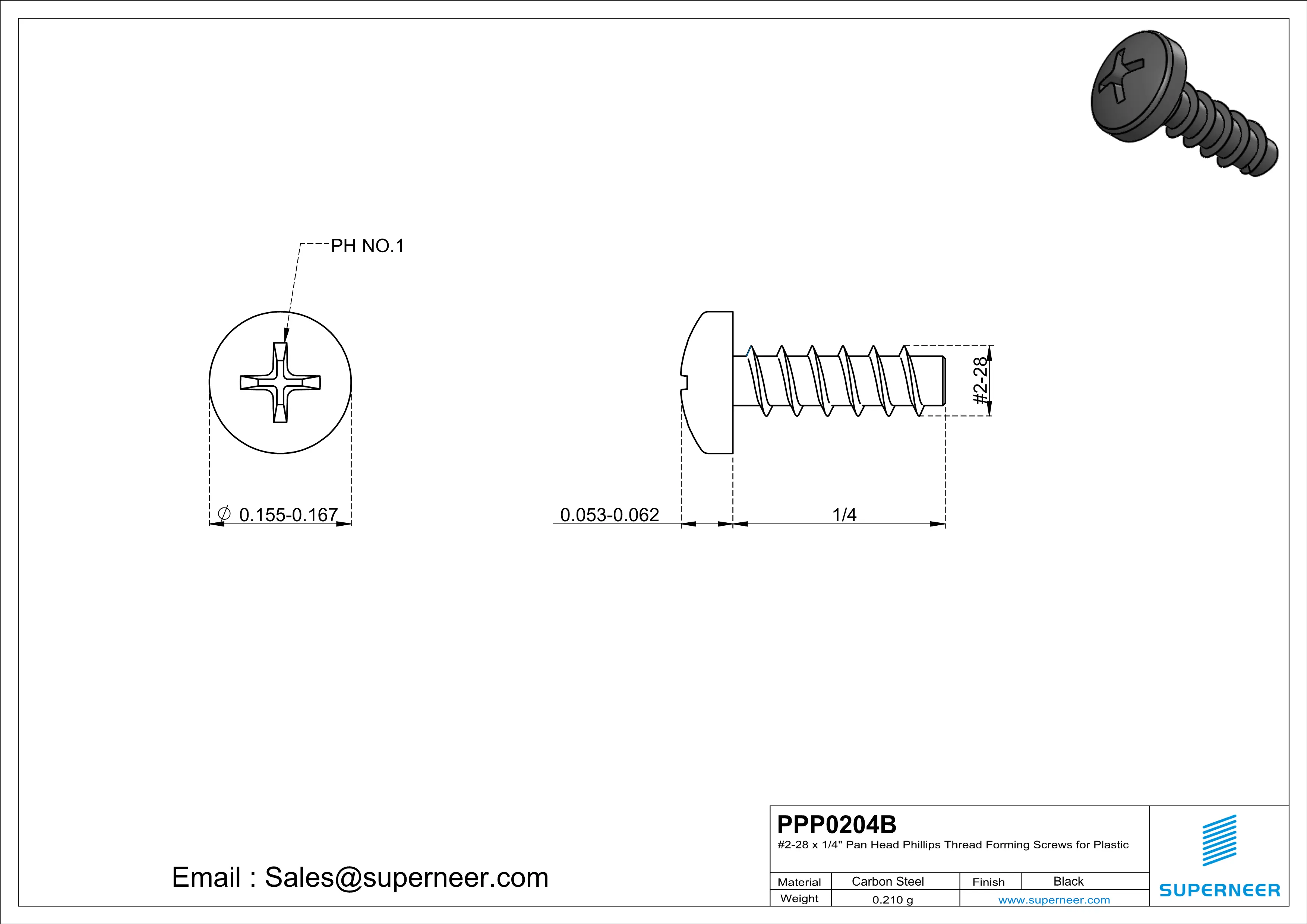 2 × 1/4" Pan Head Phillips Thread Forming inch Screws for Plastic  Steel Black