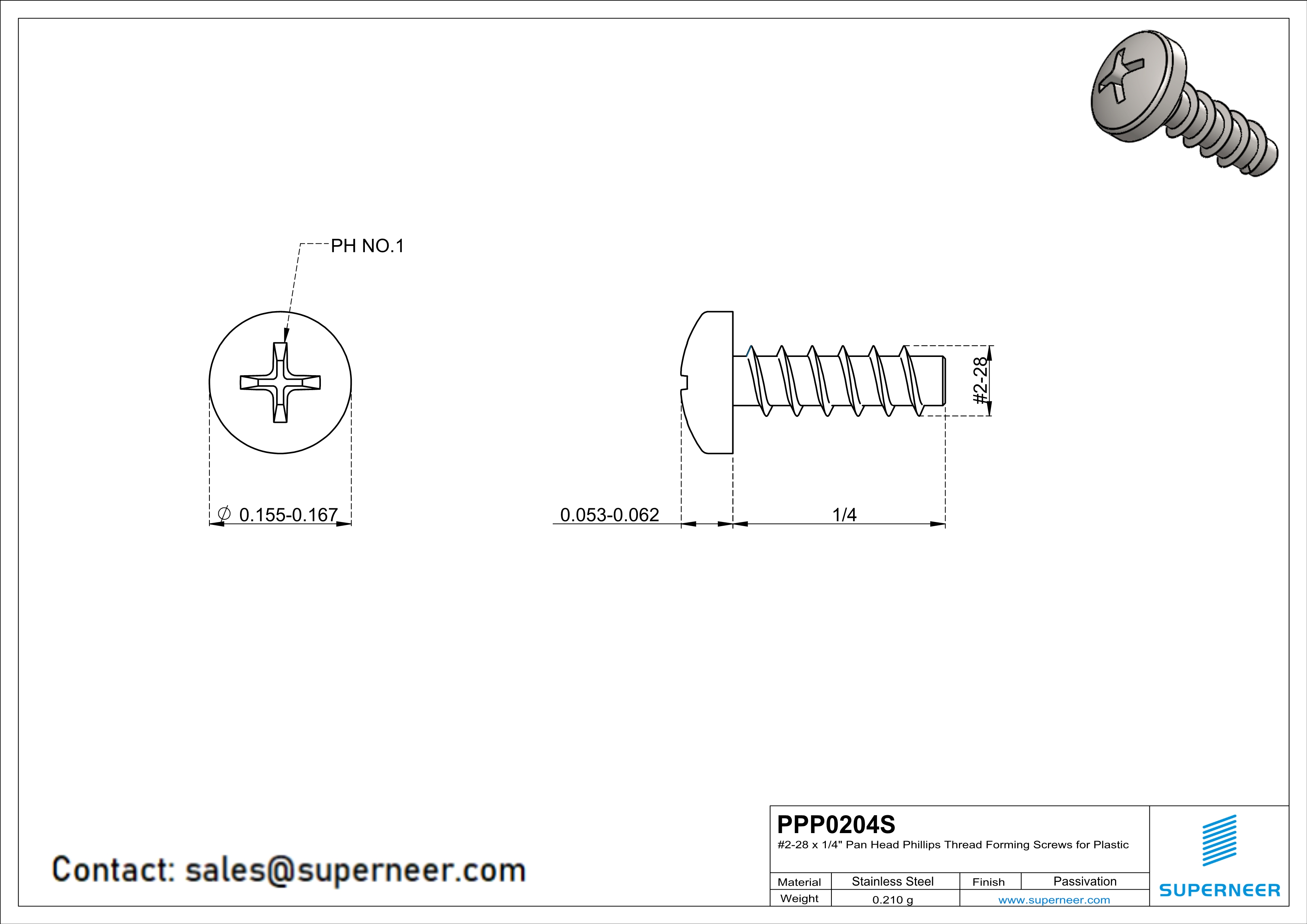 2 × 1/4" Pan Head Phillips Thread Forming inch Screws for Plastic  SUS304 Stainless Steel Inox