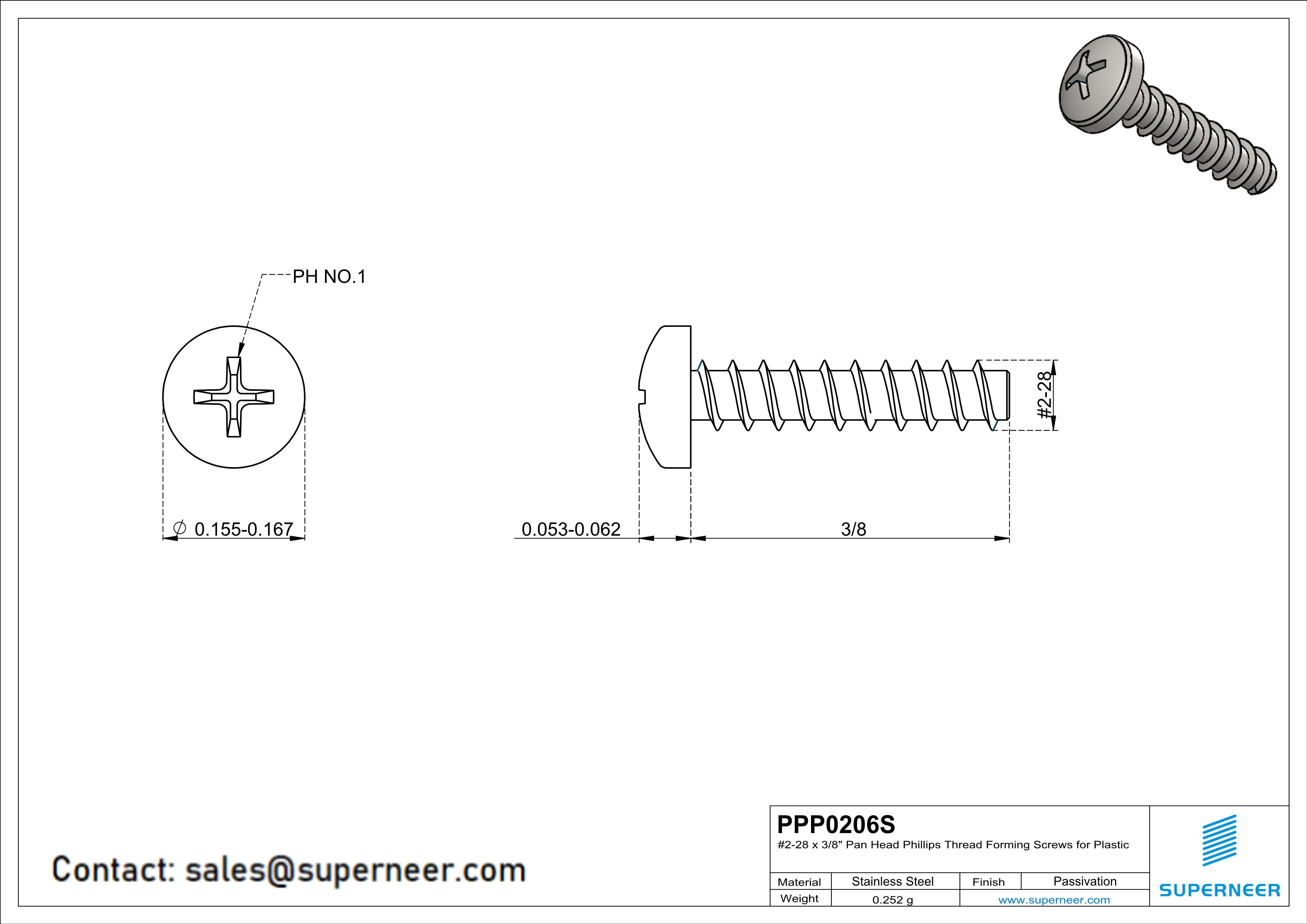 2 × 3/8" Pan Head Phillips Thread Forming inch Screws for Plastic  SUS304 Stainless Steel Inox