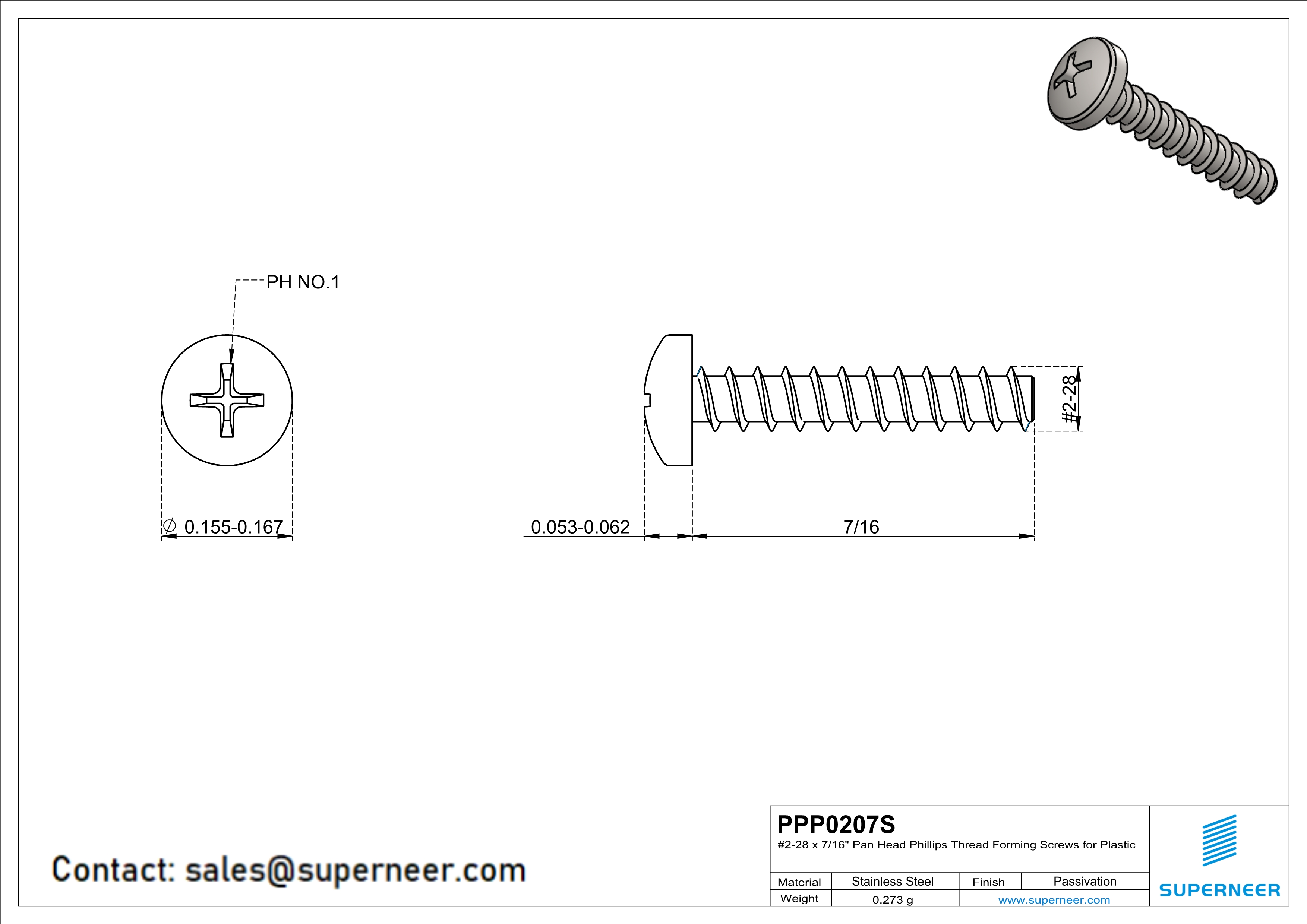 2 × 7/16" Pan Head Phillips Thread Forming inch Screws for Plastic  SUS304 Stainless Steel Inox