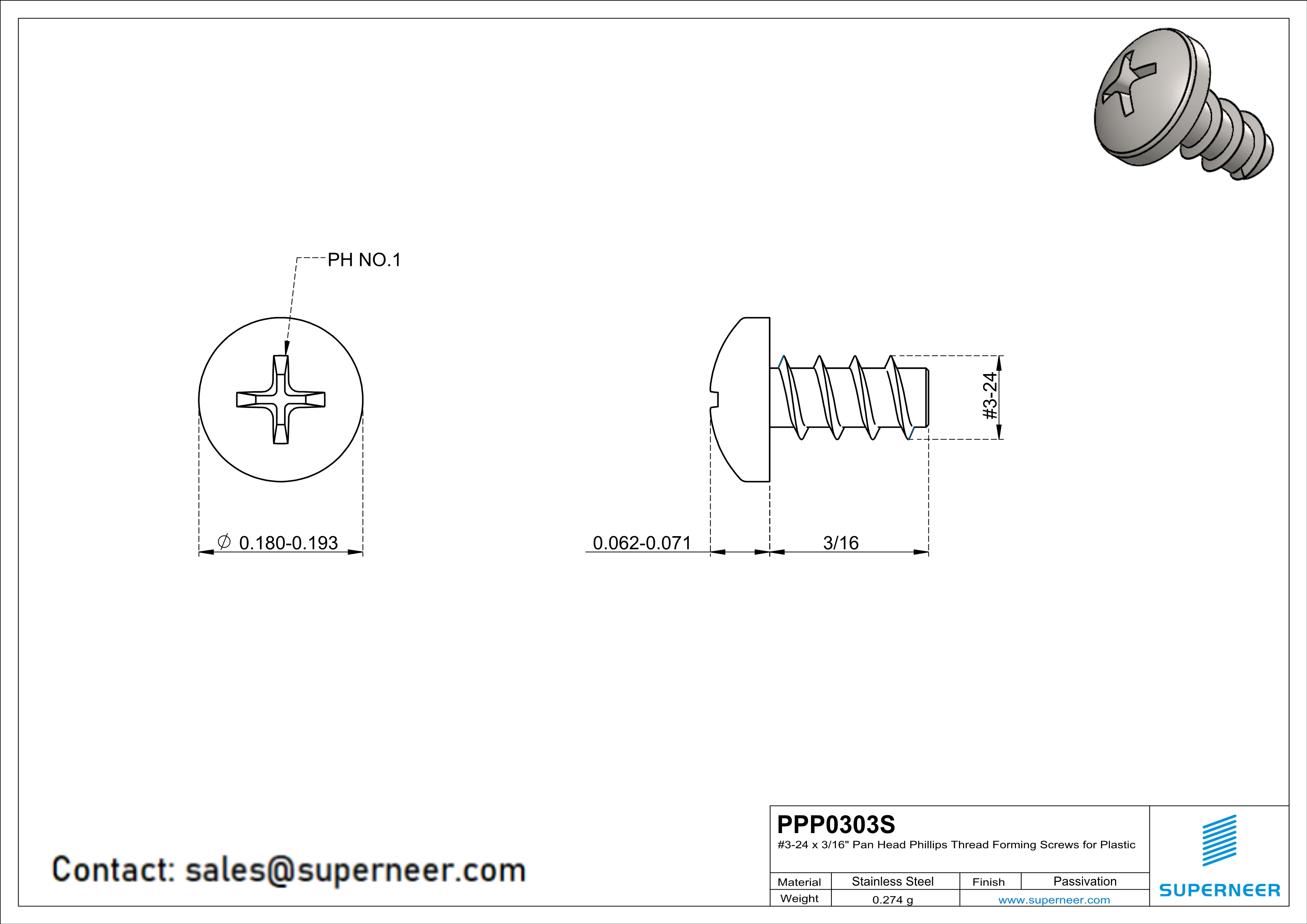 3 × 3/16" Pan Head Phillips Thread Forming inch Screws for Plastic  SUS304 Stainless Steel Inox