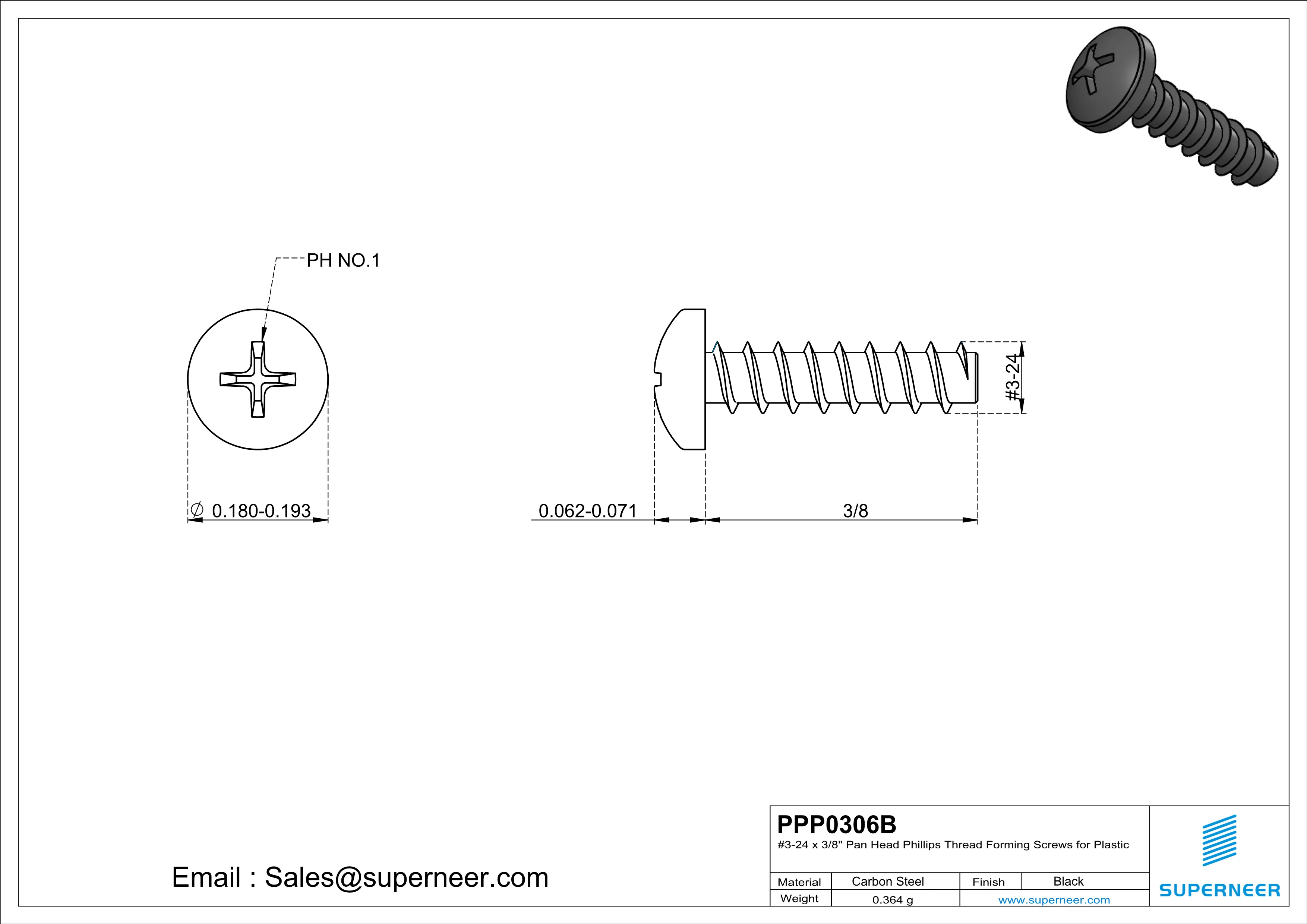 3 × 3/8" Pan Head Phillips Thread Forming inch Screws for Plastic  Steel Black