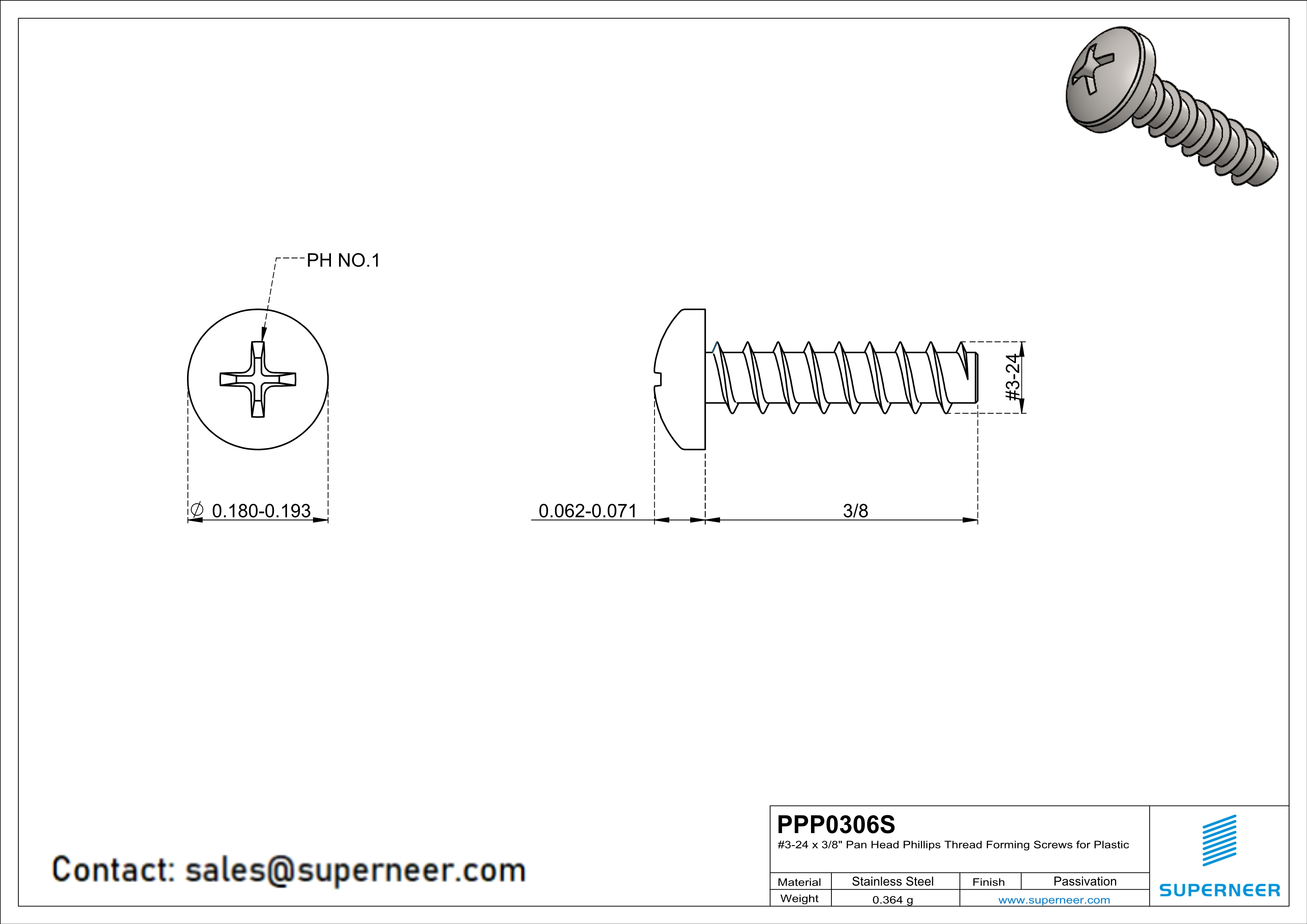 3 × 3/8" Pan Head Phillips Thread Forming inch Screws for Plastic  SUS304 Stainless Steel Inox