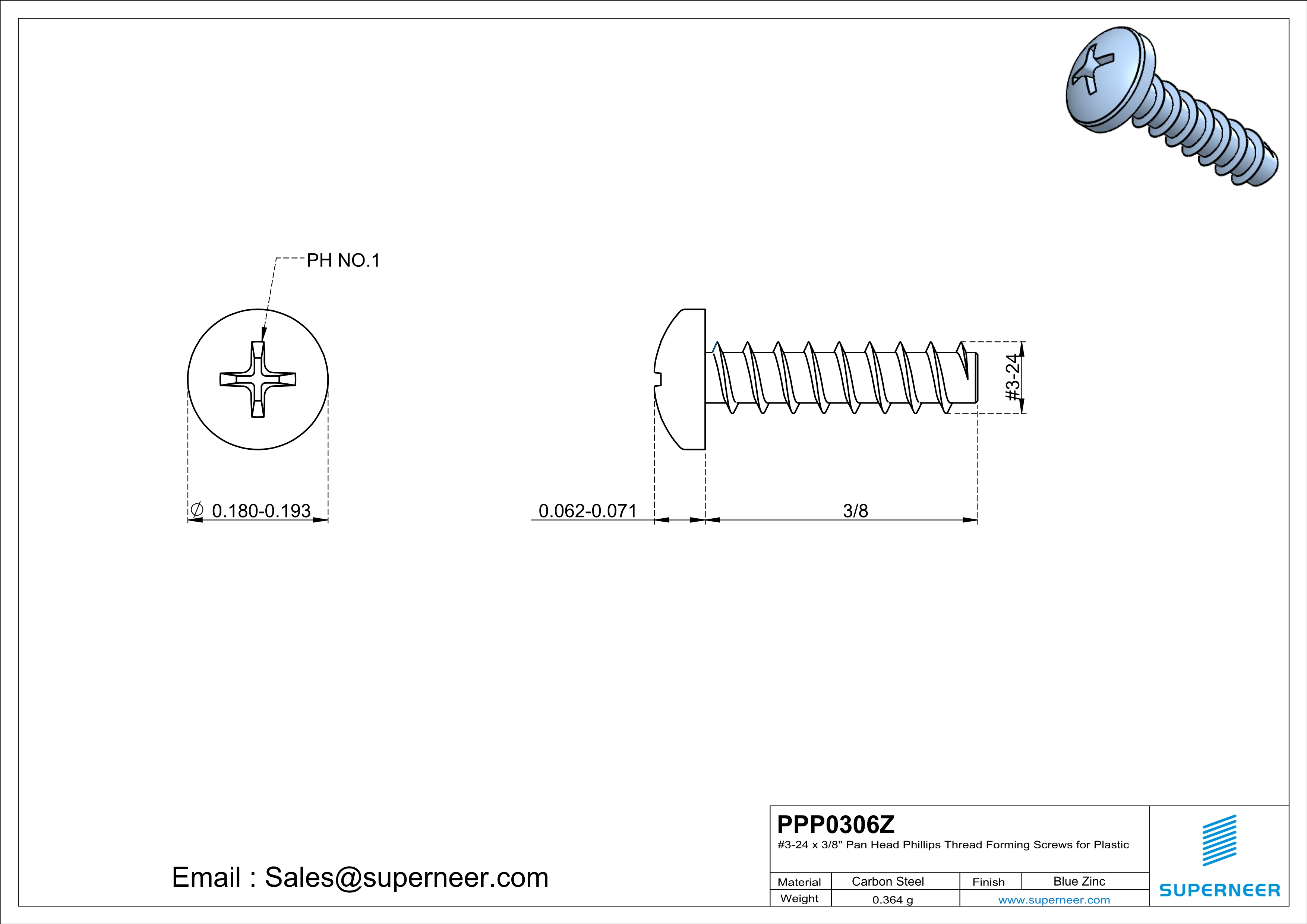 3 × 3/8" Pan Head Phillips Thread Forming inch Screws for Plastic  Steel Blue Zinc Plated