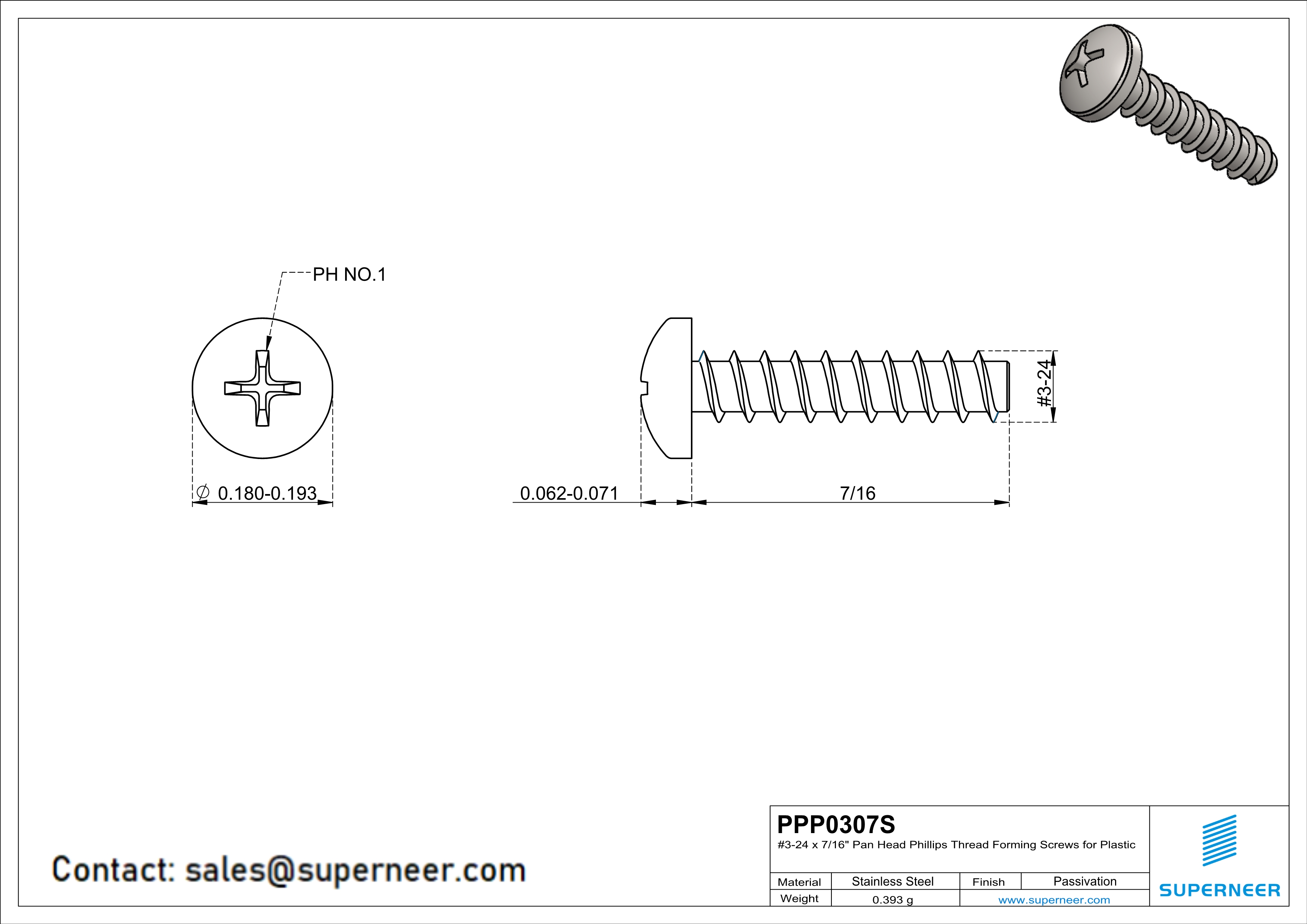 3 × 7/16" Pan Head Phillips Thread Forming inch Screws for Plastic  SUS304 Stainless Steel Inox