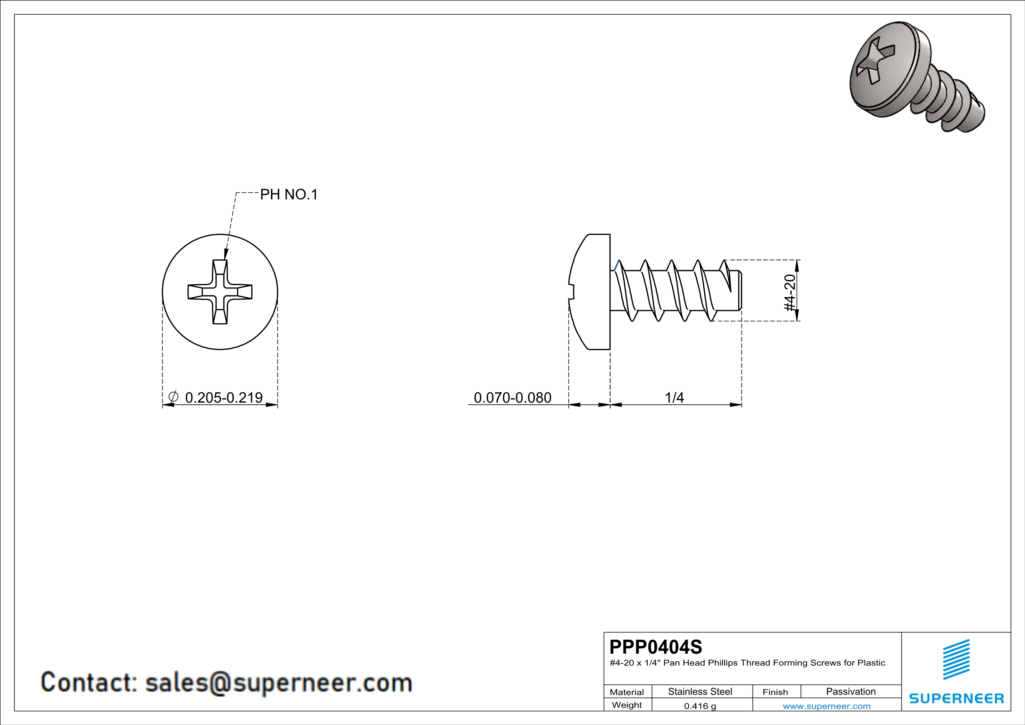 4 × 1/4" Pan Head Phillips Thread Forming inch Screws for Plastic  SUS304 Stainless Steel Inox