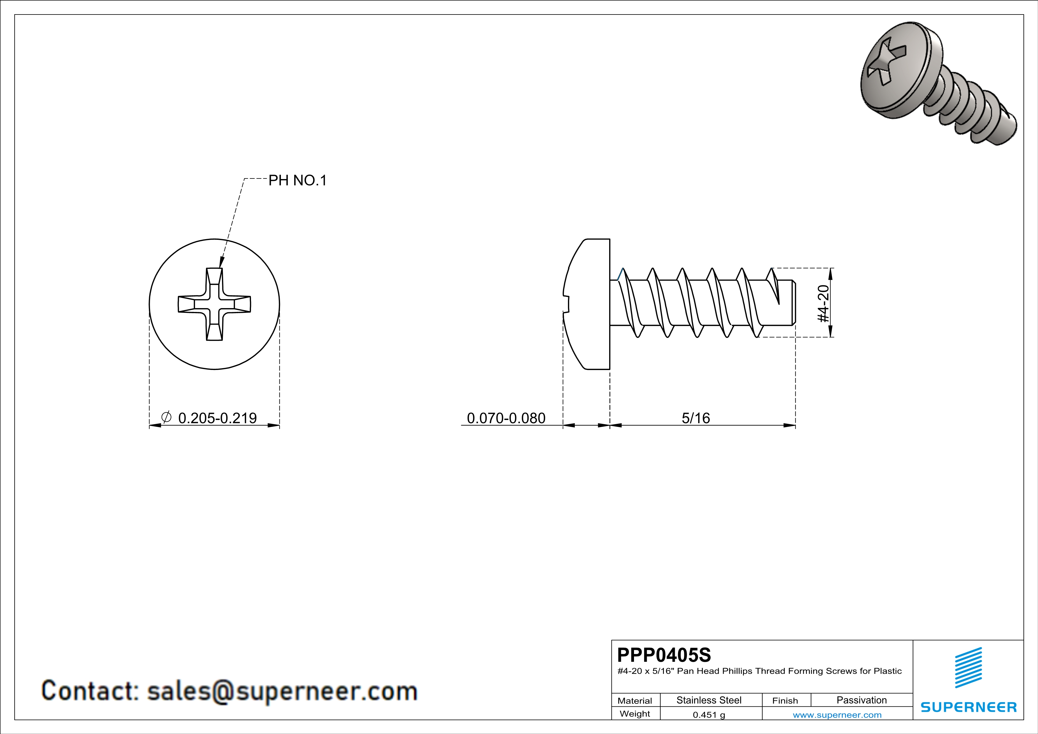 4 × 5/16" Pan Head Phillips Thread Forming inch Screws for Plastic  SUS304 Stainless Steel Inox