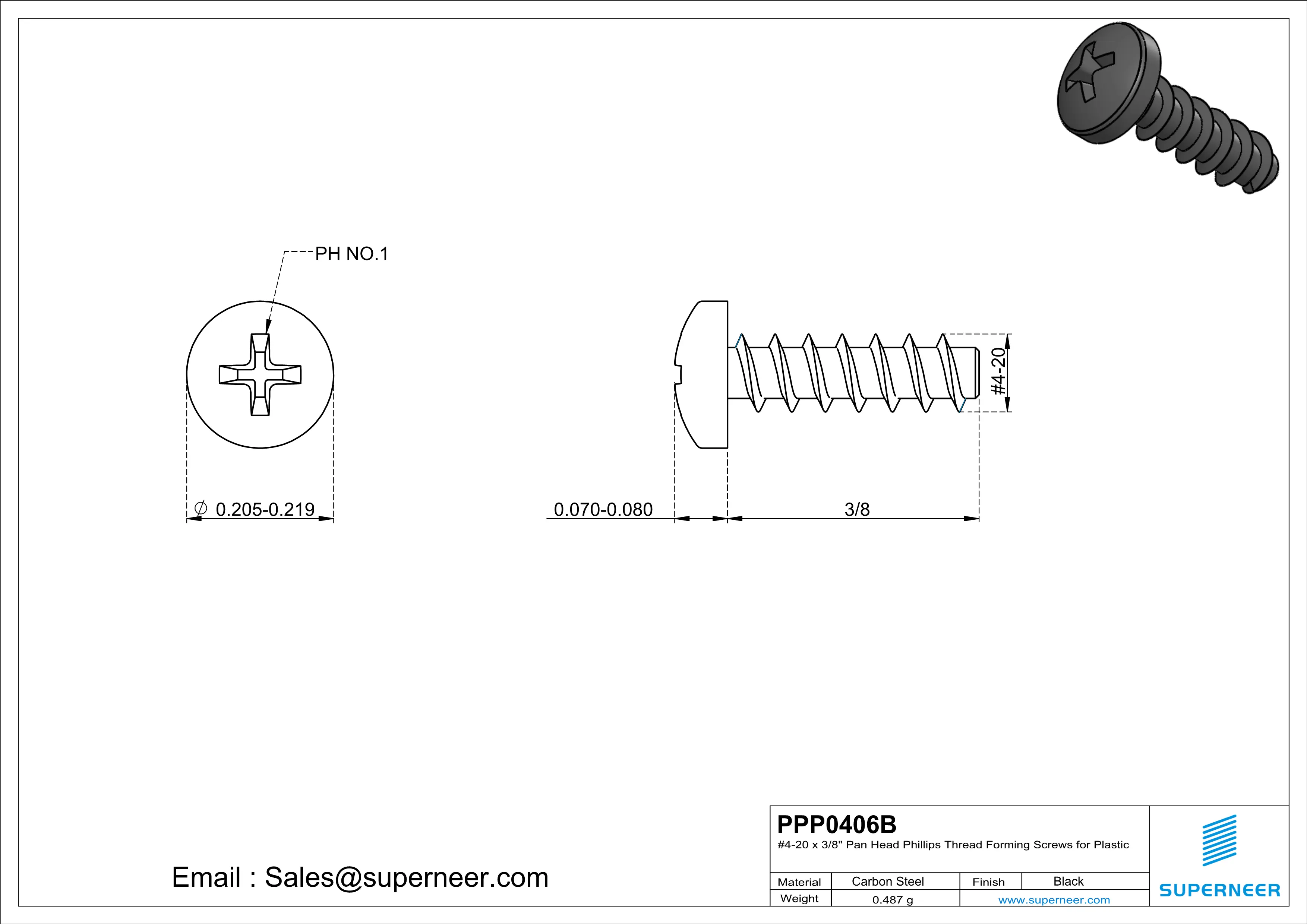 4 × 3/8" Pan Head Phillips Thread Forming inch Screws for Plastic  Steel Black