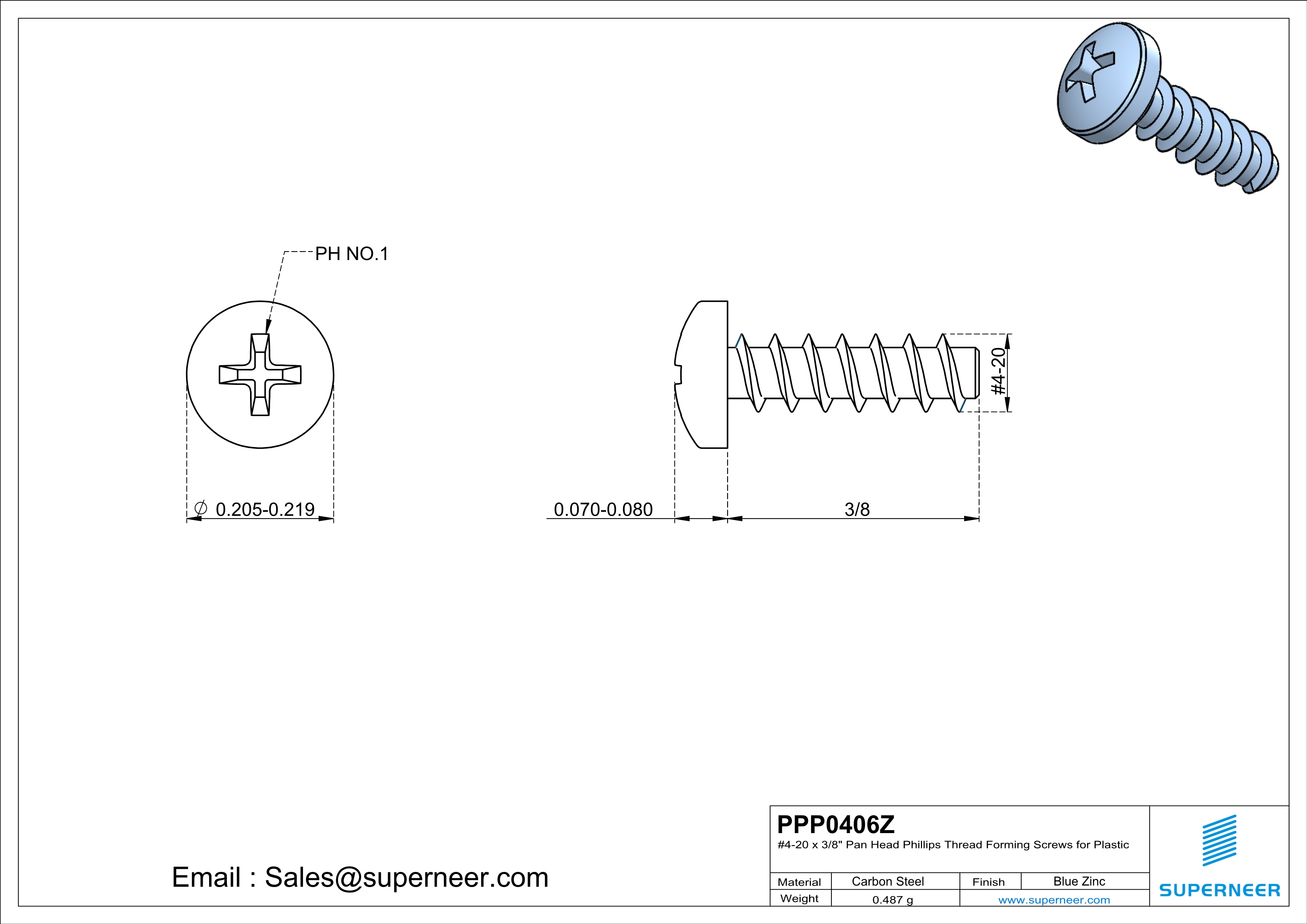 4 × 3/8" Pan Head Phillips Thread Forming inch Screws for Plastic  Steel Blue Zinc Plated