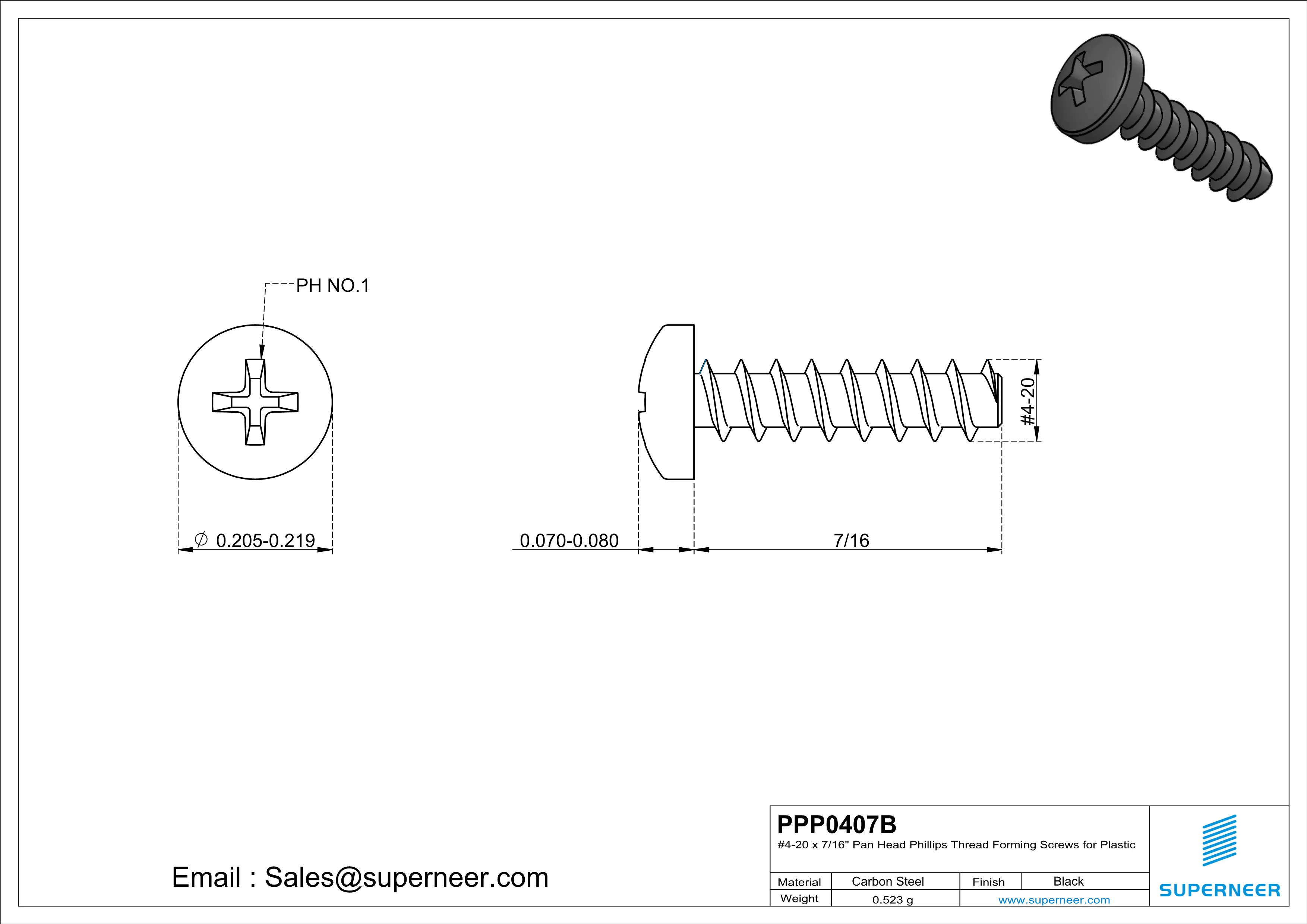 4 × 7/16" Pan Head Phillips Thread Forming inch Screws for Plastic  Steel Black