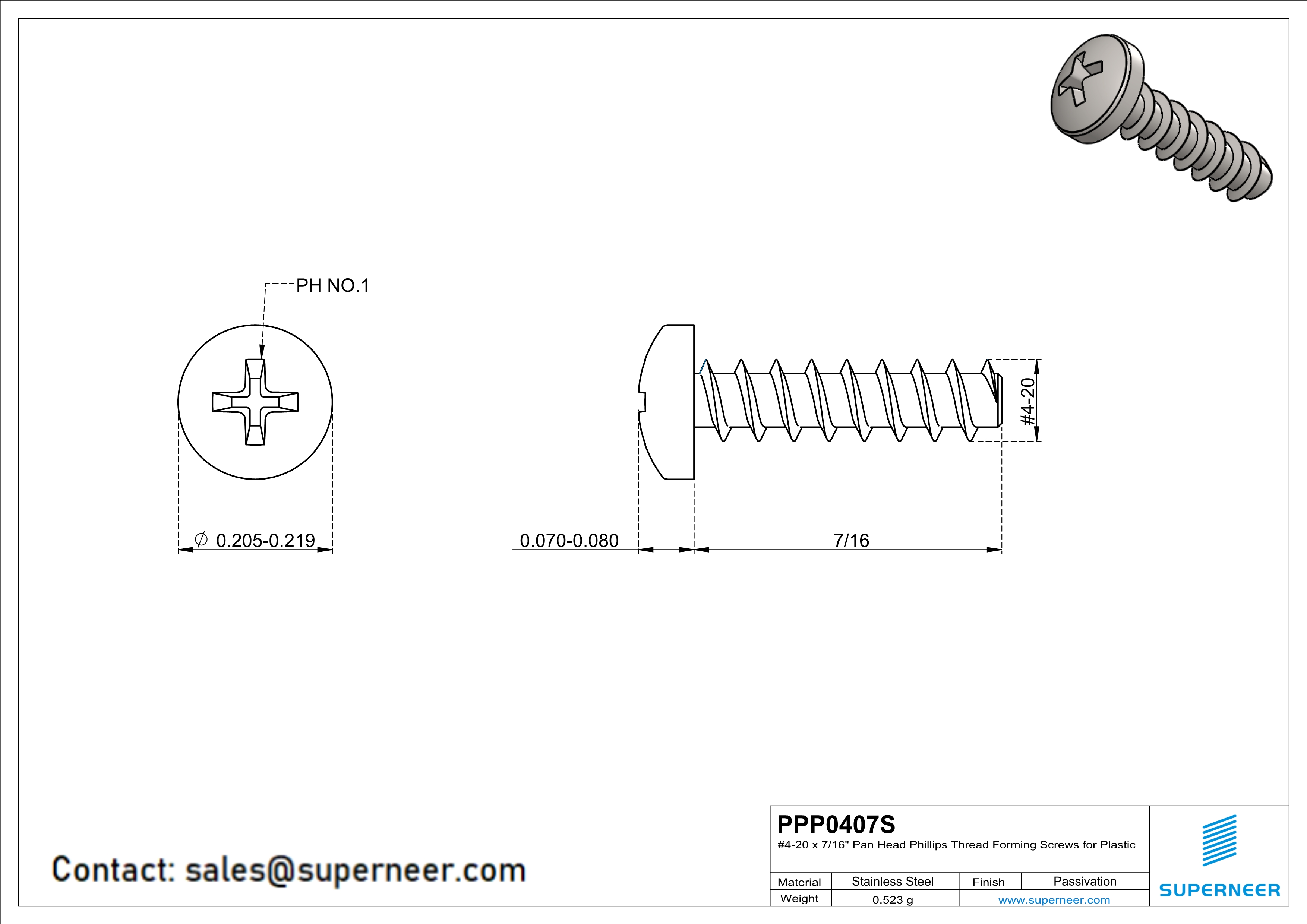 4 × 7/16" Pan Head Phillips Thread Forming inch Screws for Plastic  SUS304 Stainless Steel Inox