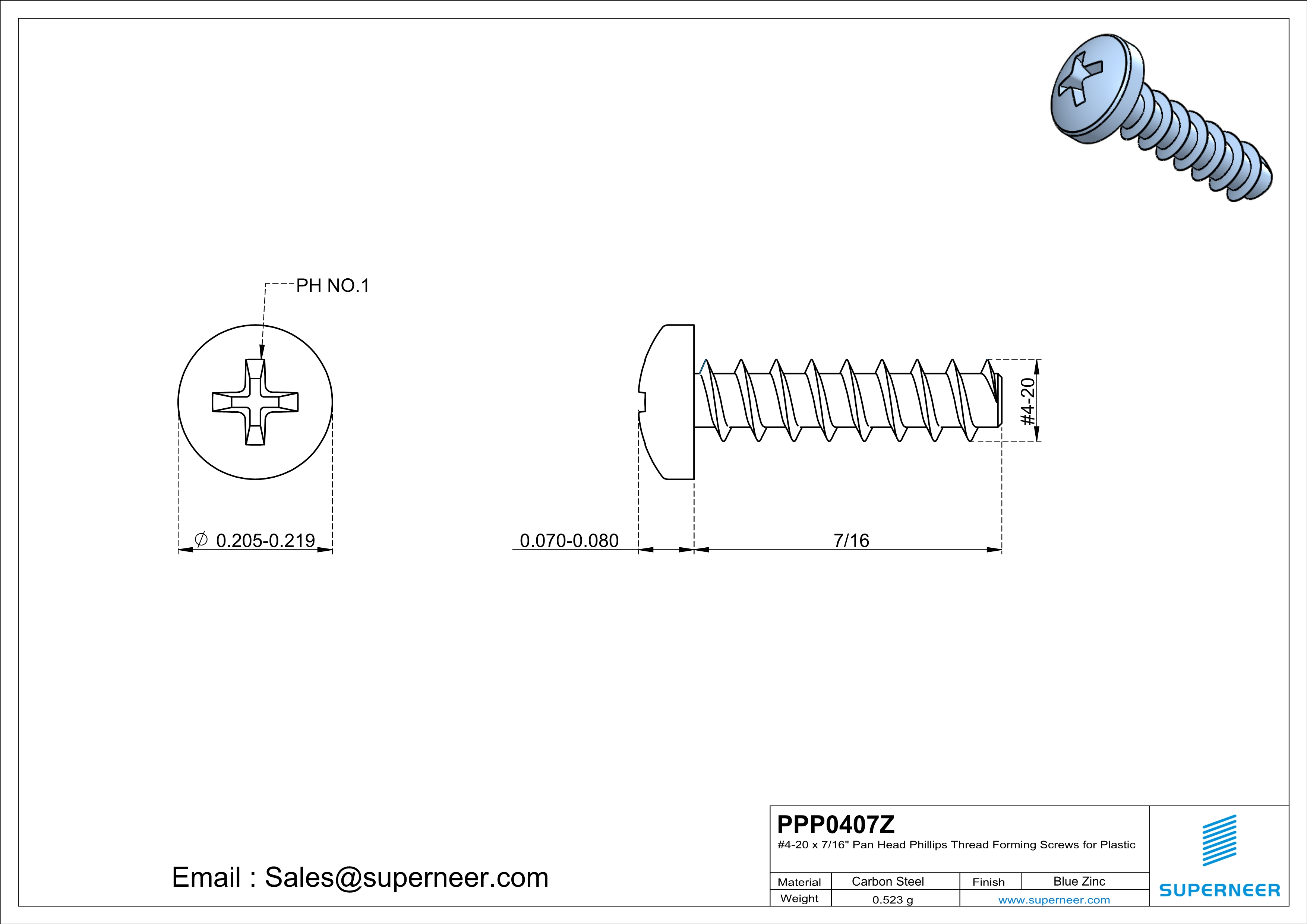 4 × 7/16" Pan Head Phillips Thread Forming inch Screws for Plastic  Steel Blue Zinc Plated