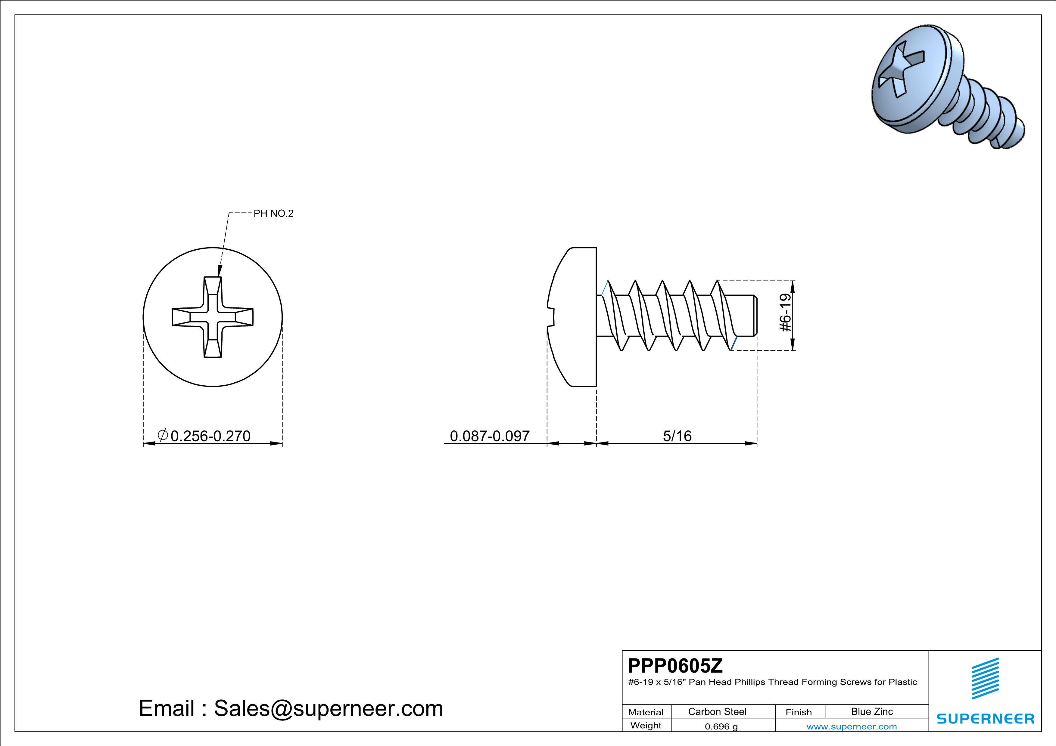 6 × 5/16" Pan Head Phillips Thread Forming inch Screws for Plastic  Steel Blue Zinc Plated
