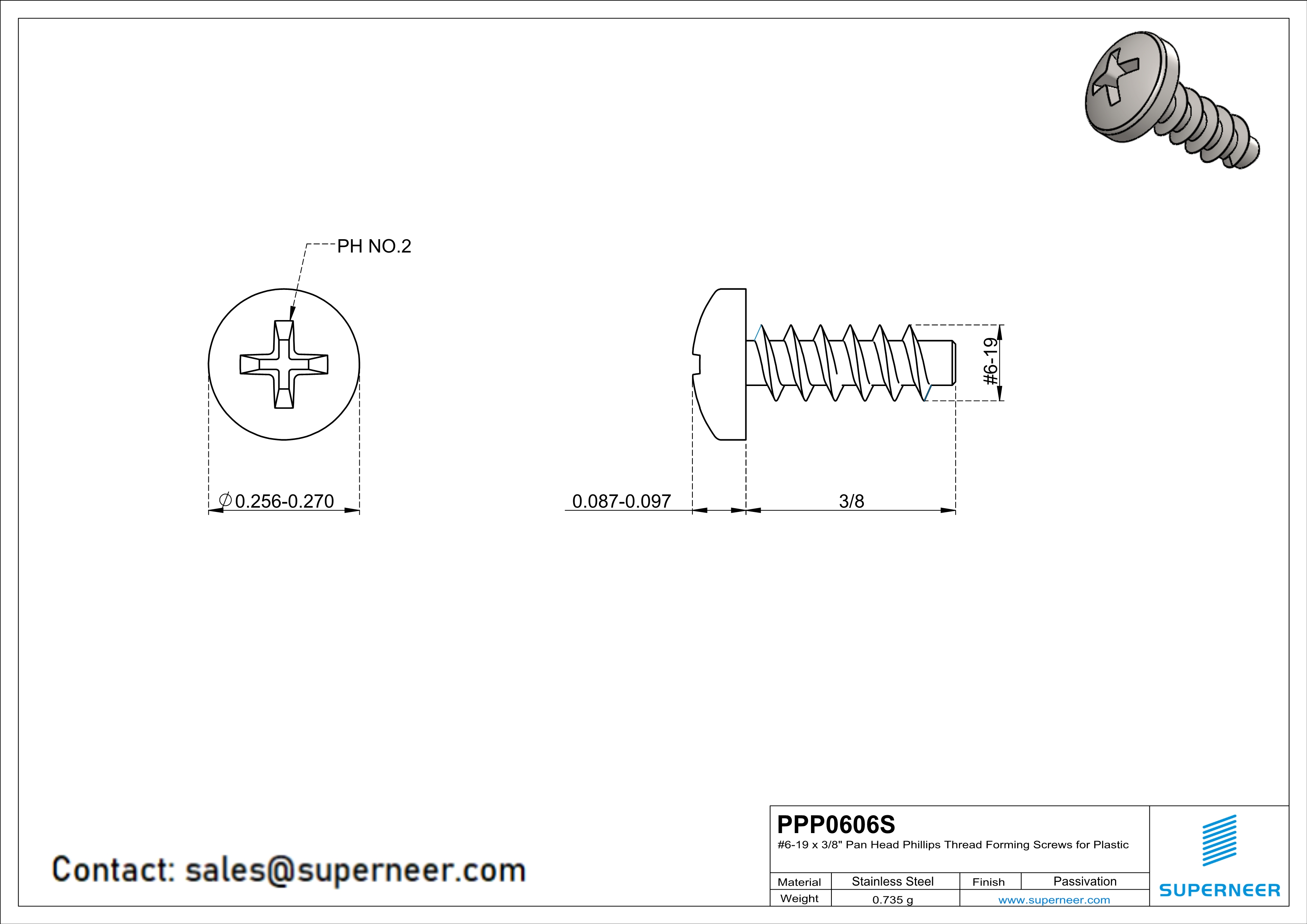 6 × 3/8" Pan Head Phillips Thread Forming inch Screws for Plastic  SUS304 Stainless Steel Inox