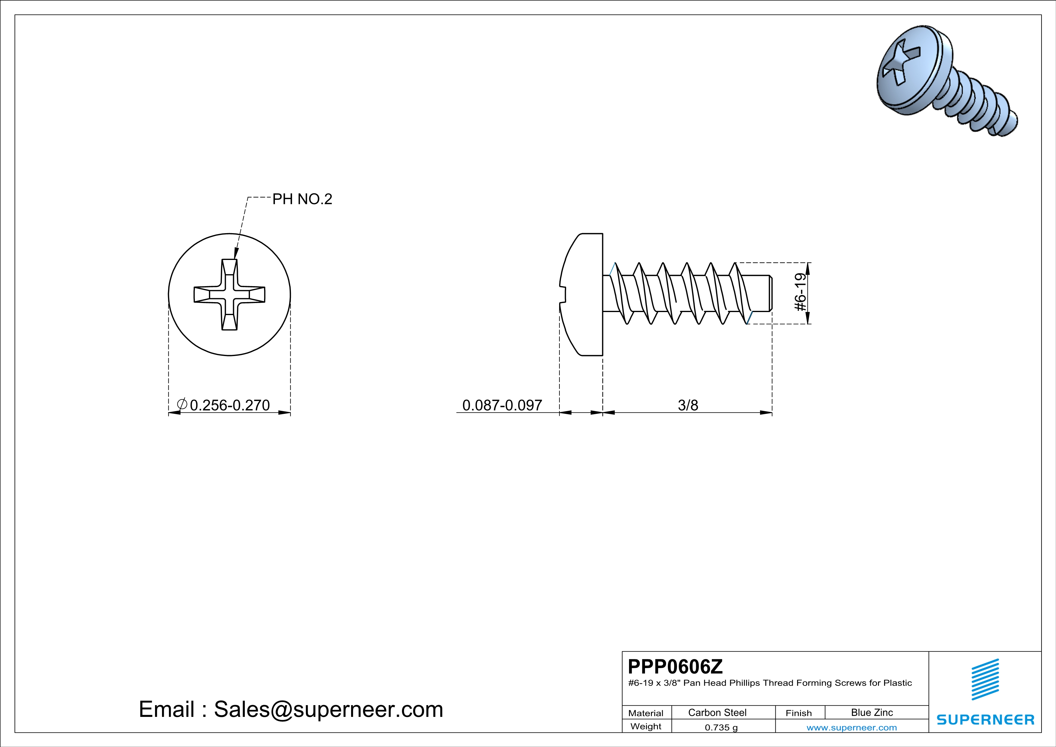 6 × 3/8" Pan Head Phillips Thread Forming inch Screws for Plastic  Steel Blue Zinc Plated