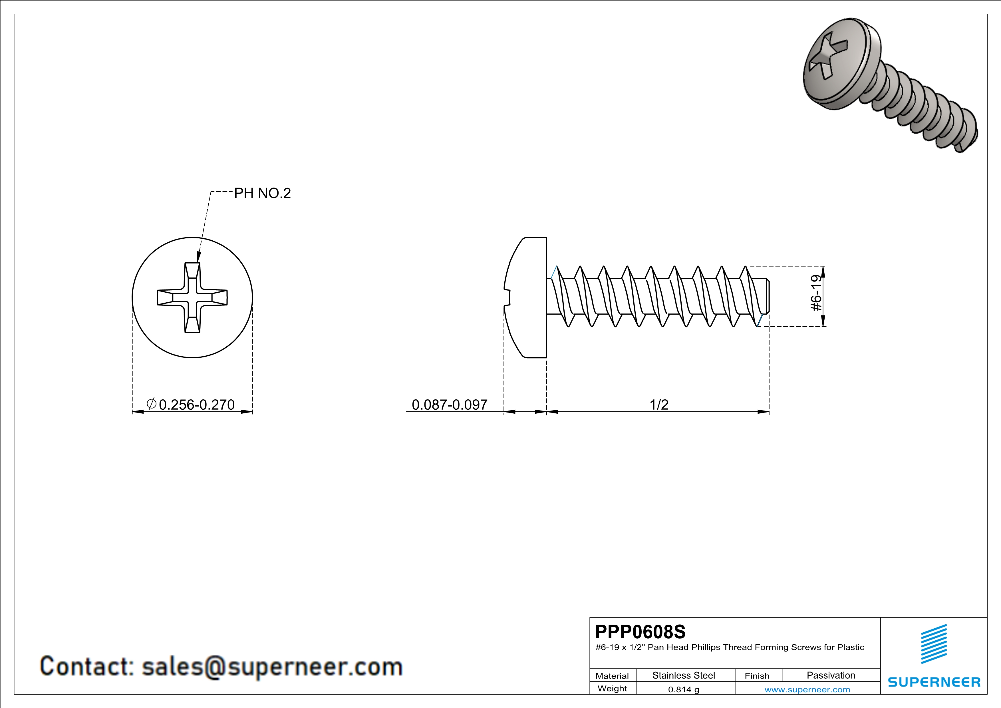 6 × 1/2" Pan Head Phillips Thread Forming inch Screws for Plastic  SUS304 Stainless Steel Inox