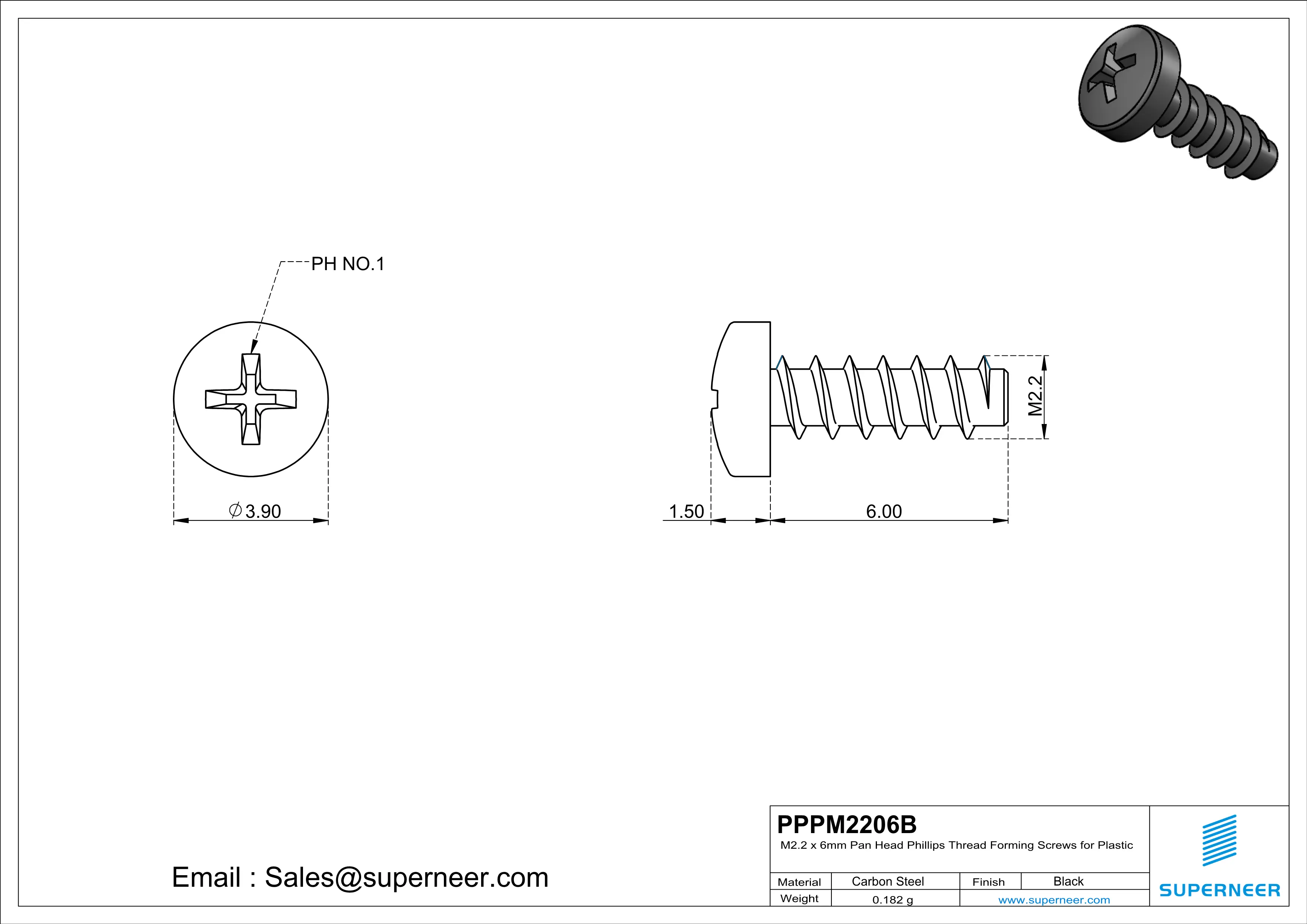 M2.2 × 6mm  Pan Head Phillips Thread Foming Screws for Plastic   Steel Black