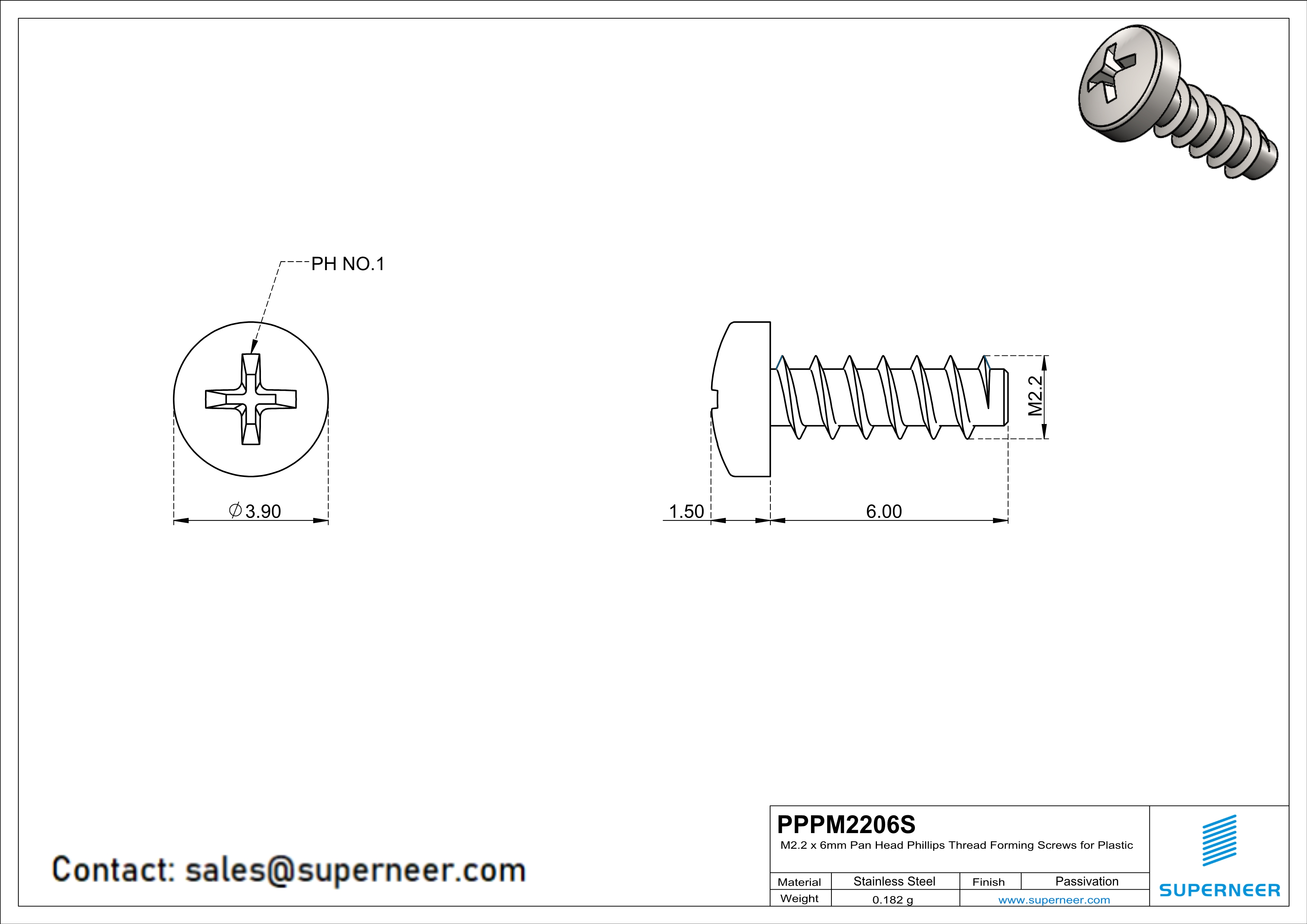 M2.2 × 6mm  Pan Head Phillips Thread Foming Screws for Plastic SUS304 Stainless Steel Inox