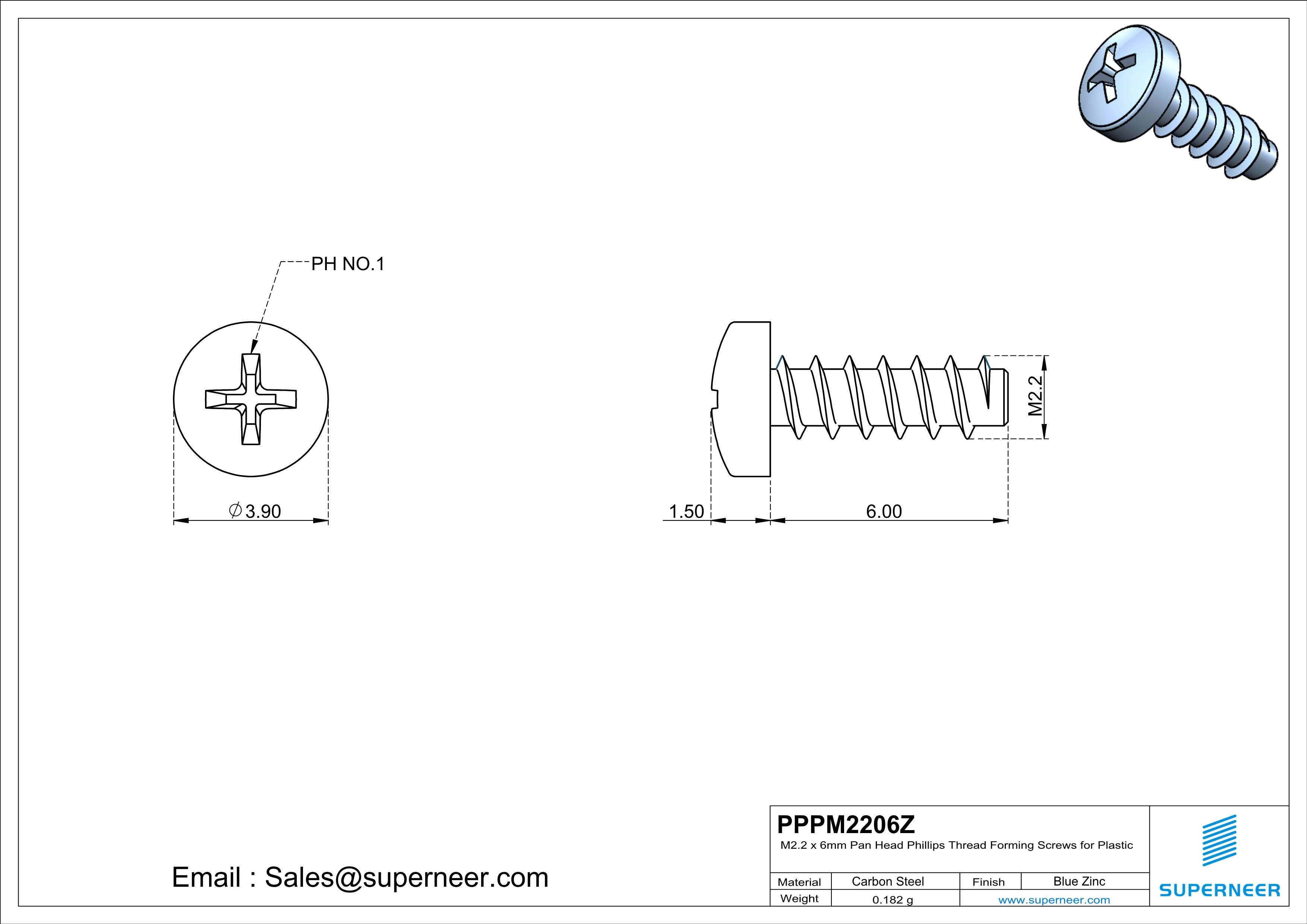 M2.2 × 6mm  Pan Head Phillips Thread Foming Screws for Plastic   Steel Blue Zinc Plated