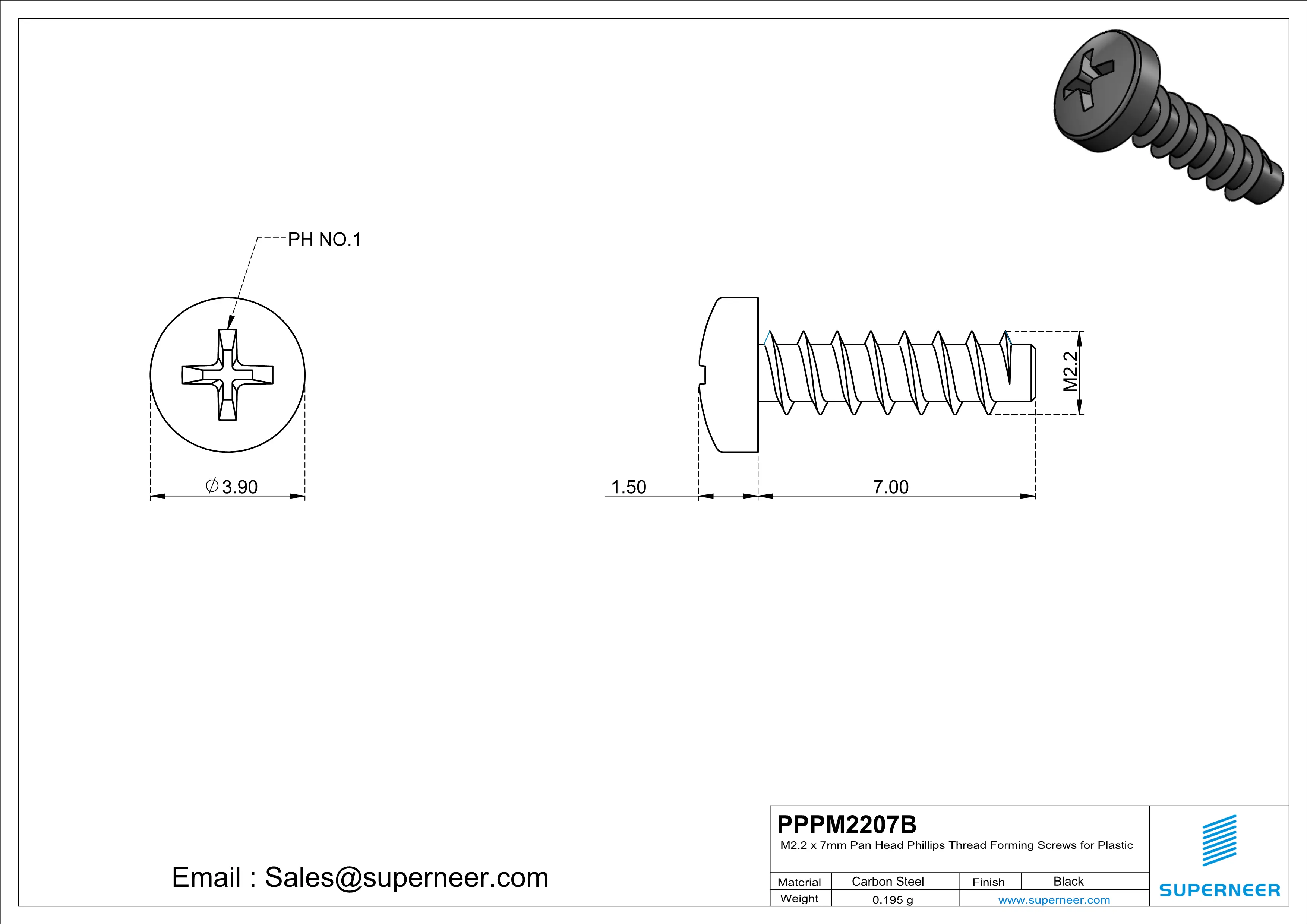 M2.2 × 7mm  Pan Head Phillips Thread Foming Screws for Plastic   Steel Black