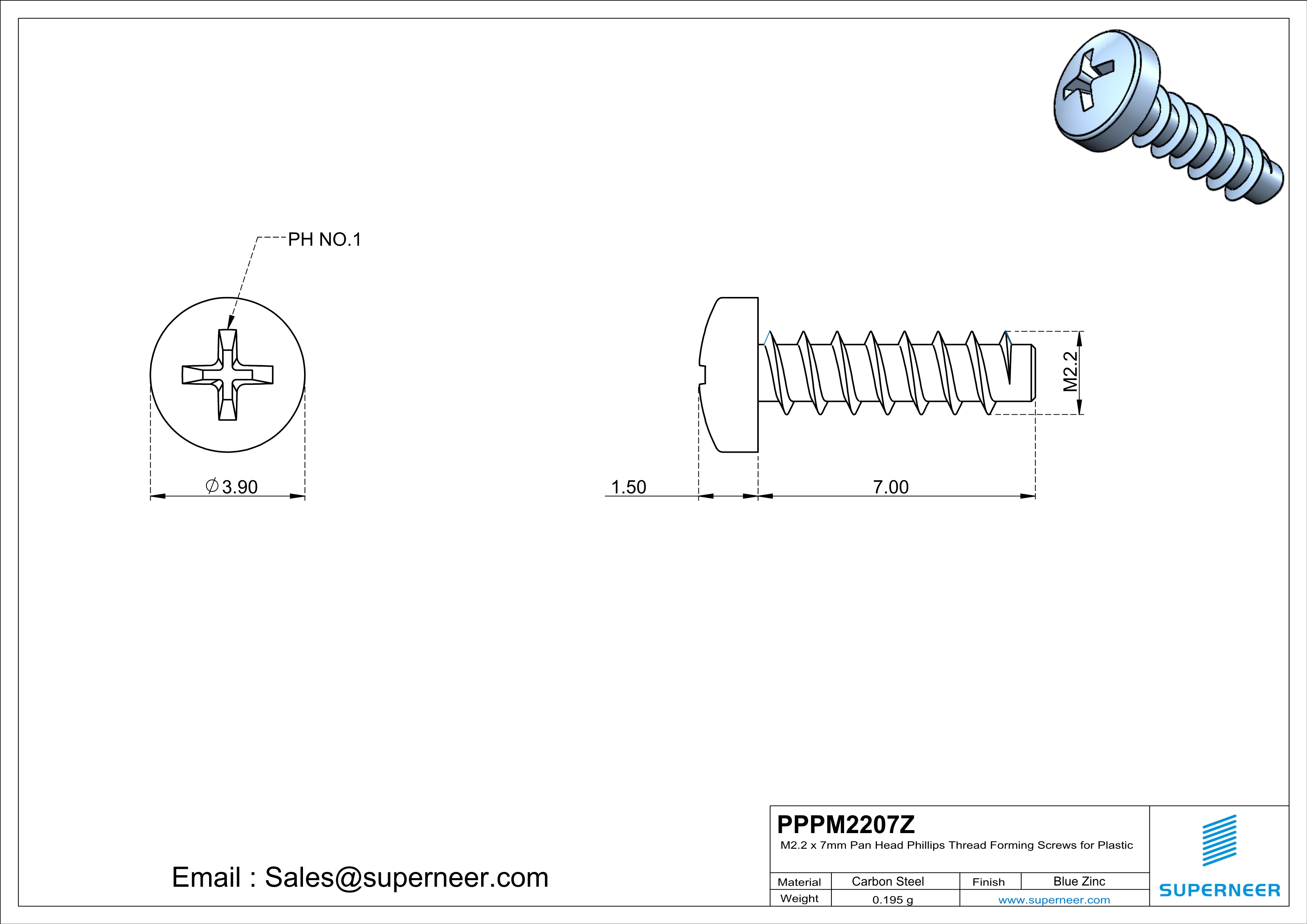 M2.2 × 7mm  Pan Head Phillips Thread Foming Screws for Plastic   Steel Blue Zinc Plated