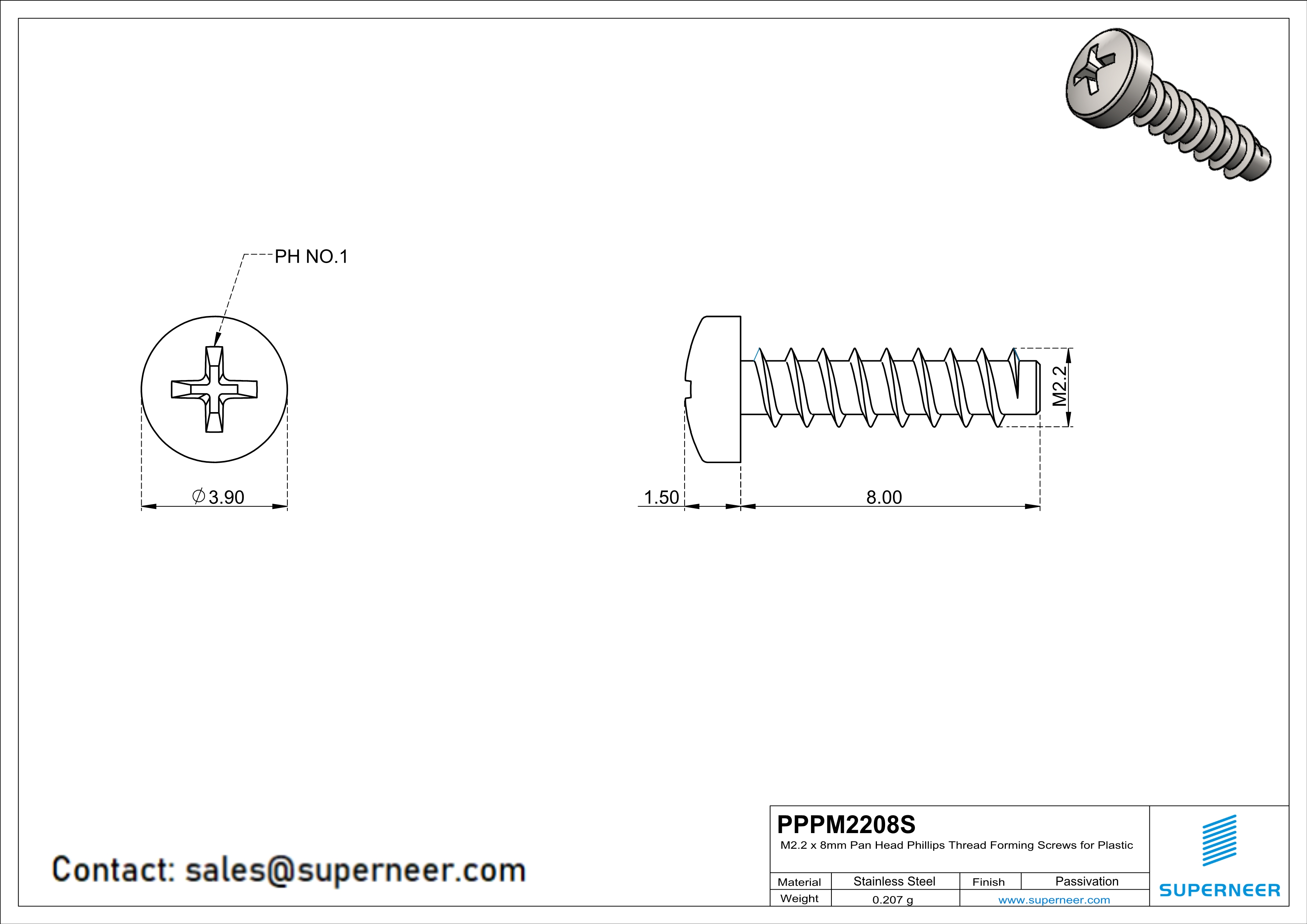 M2.2 × 8mm  Pan Head Phillips Thread Foming Screws for Plastic SUS304 Stainless Steel Inox