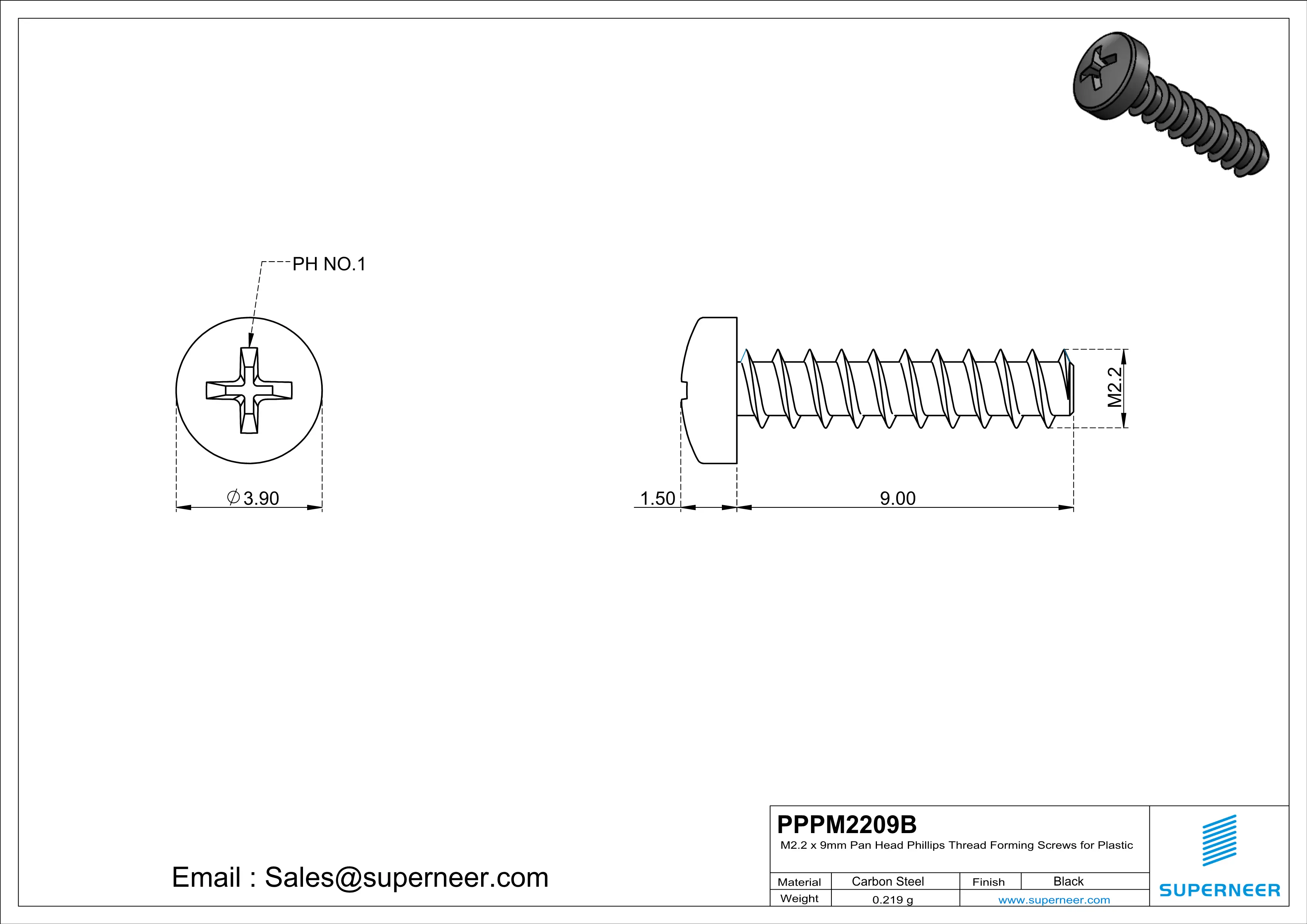 M2.2 × 9mm  Pan Head Phillips Thread Foming Screws for Plastic   Steel Black