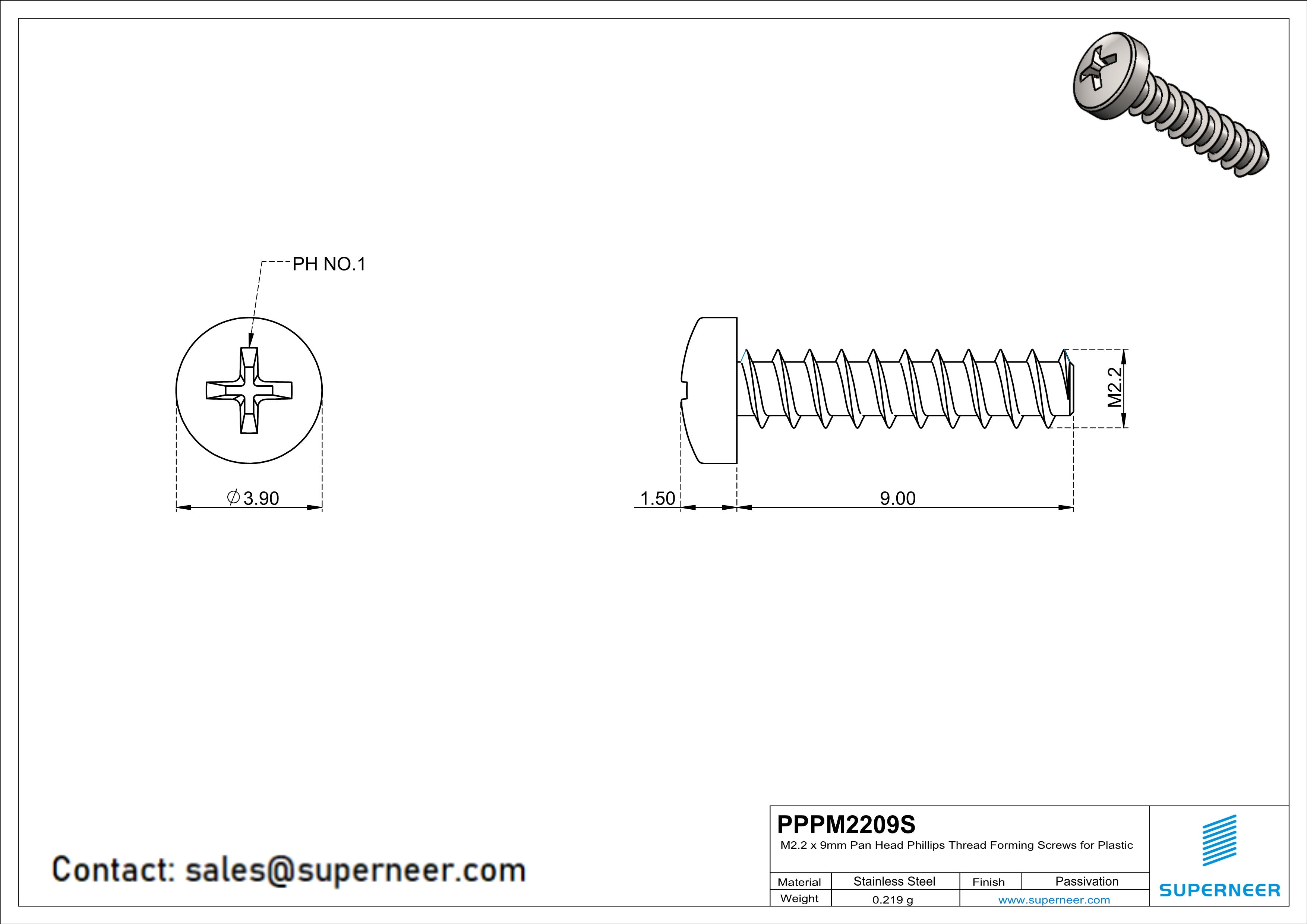 M2.2 × 9mm  Pan Head Phillips Thread Foming Screws for Plastic SUS304 Stainless Steel Inox