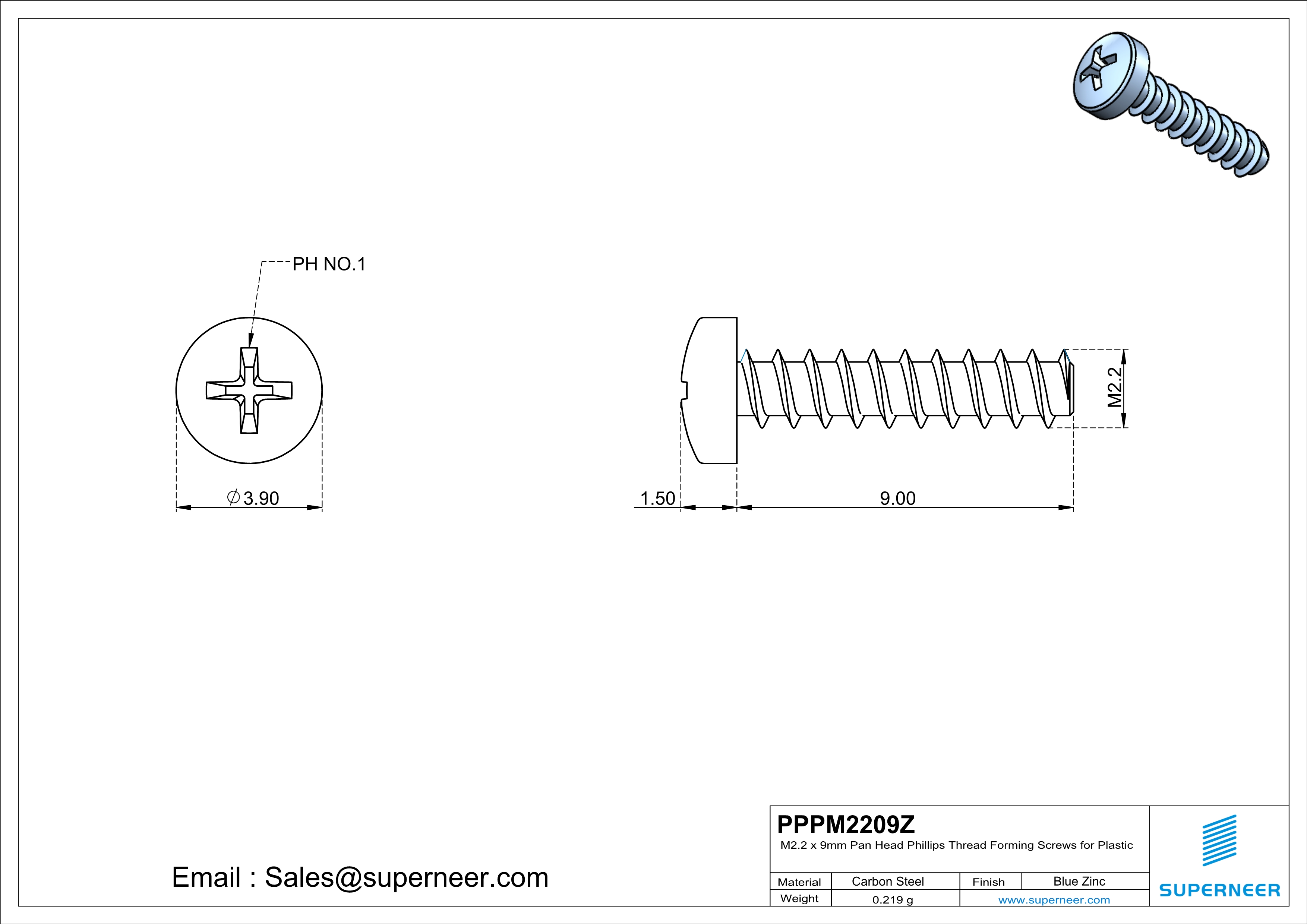 M2.2 × 9mm  Pan Head Phillips Thread Foming Screws for Plastic   Steel Blue Zinc Plated