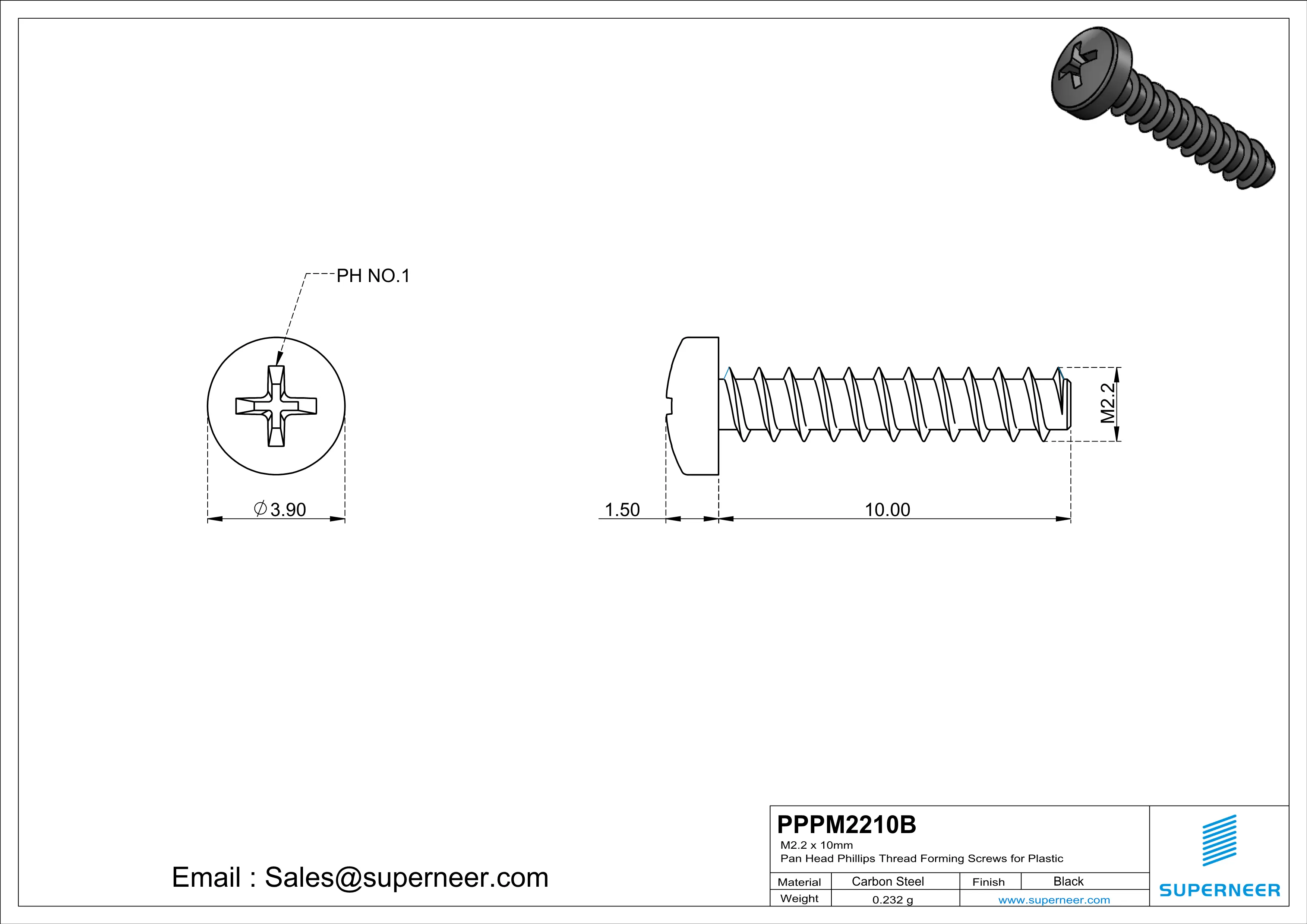 M2.2 × 10mm  Pan Head Phillips Thread Foming Screws for Plastic   Steel Black