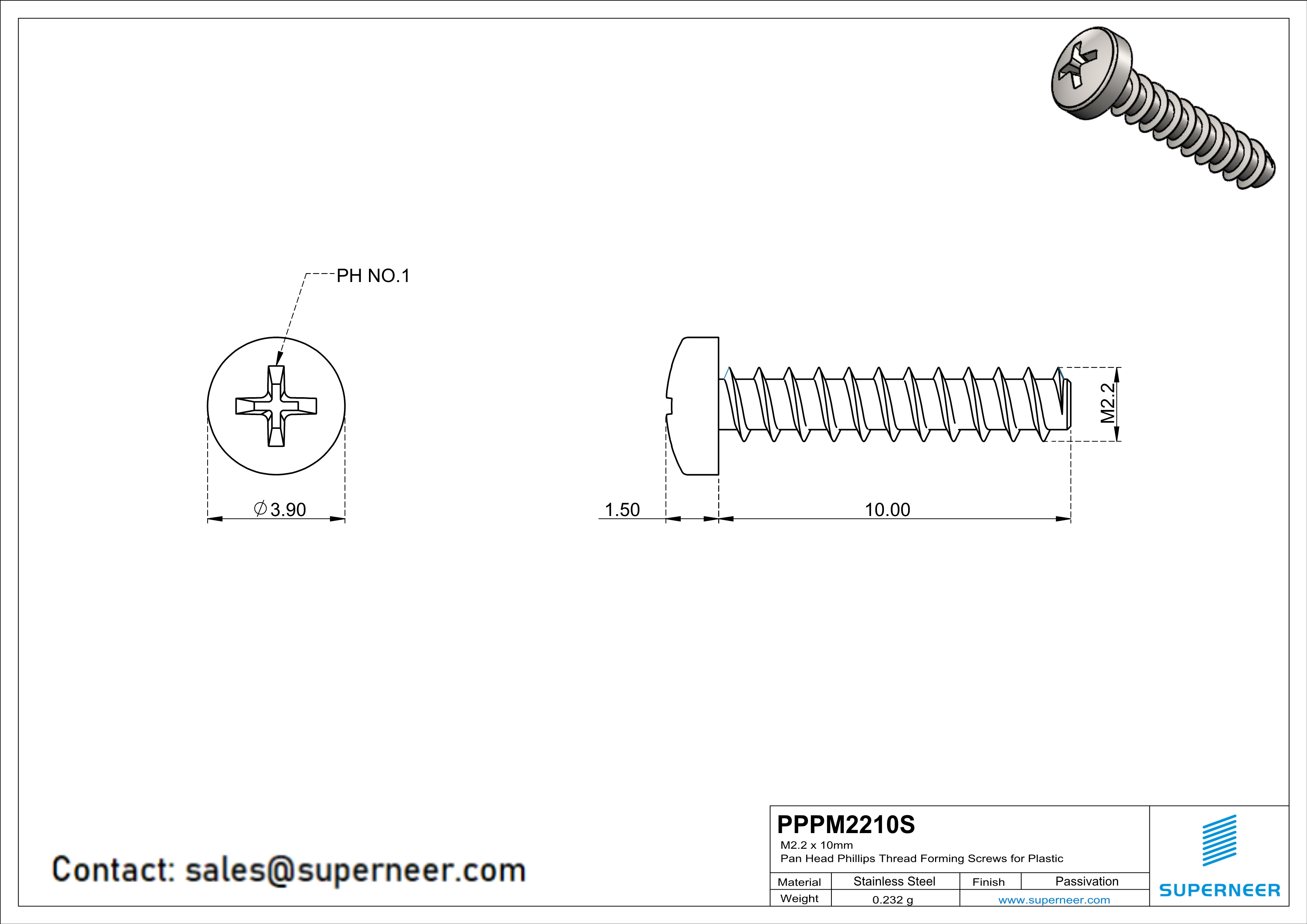 M2.2 × 10mm  Pan Head Phillips Thread Foming Screws for Plastic SUS304 Stainless Steel Inox