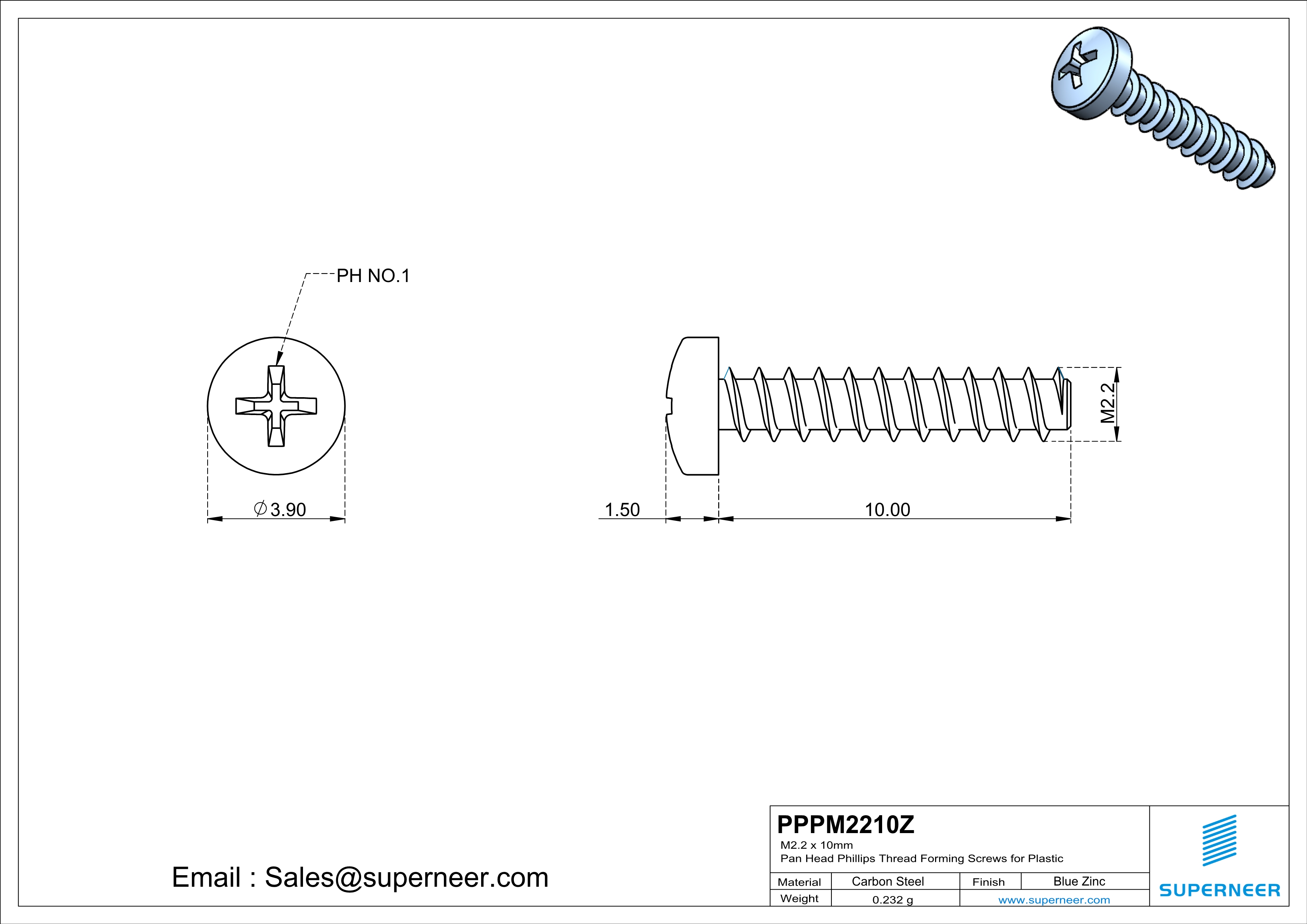 M2.2 × 10mm  Pan Head Phillips Thread Foming Screws for Plastic   Steel Blue Zinc Plated