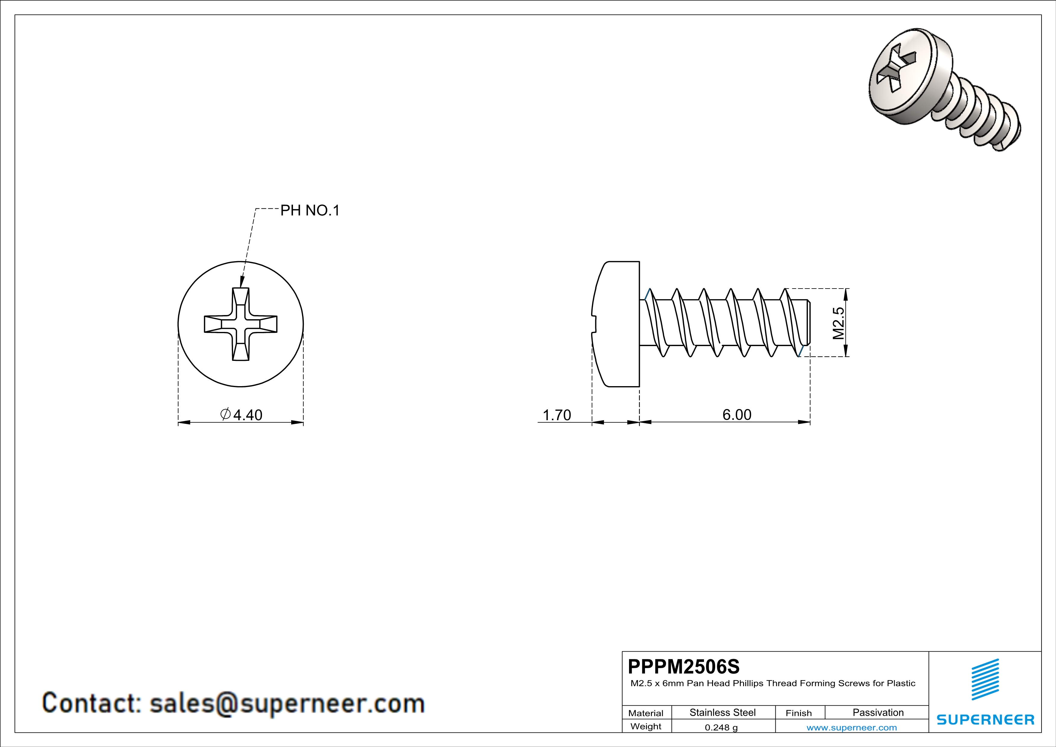 M2.5 × 6mm  Pan Head Phillips Thread Foming Screws for Plastic SUS304 Stainless Steel Inox