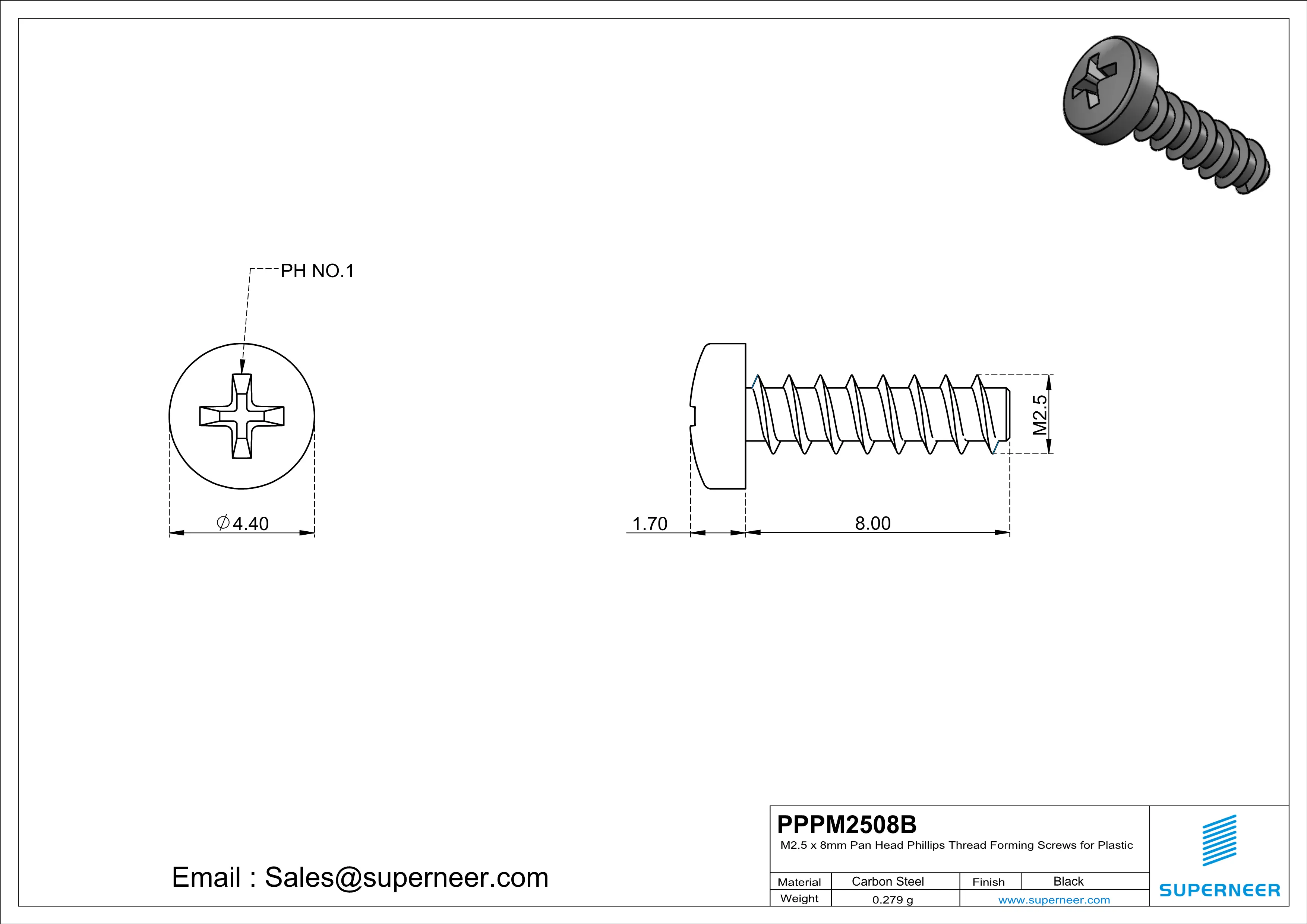 M2.5 × 8mm  Pan Head Phillips Thread Foming Screws for Plastic   Steel Black