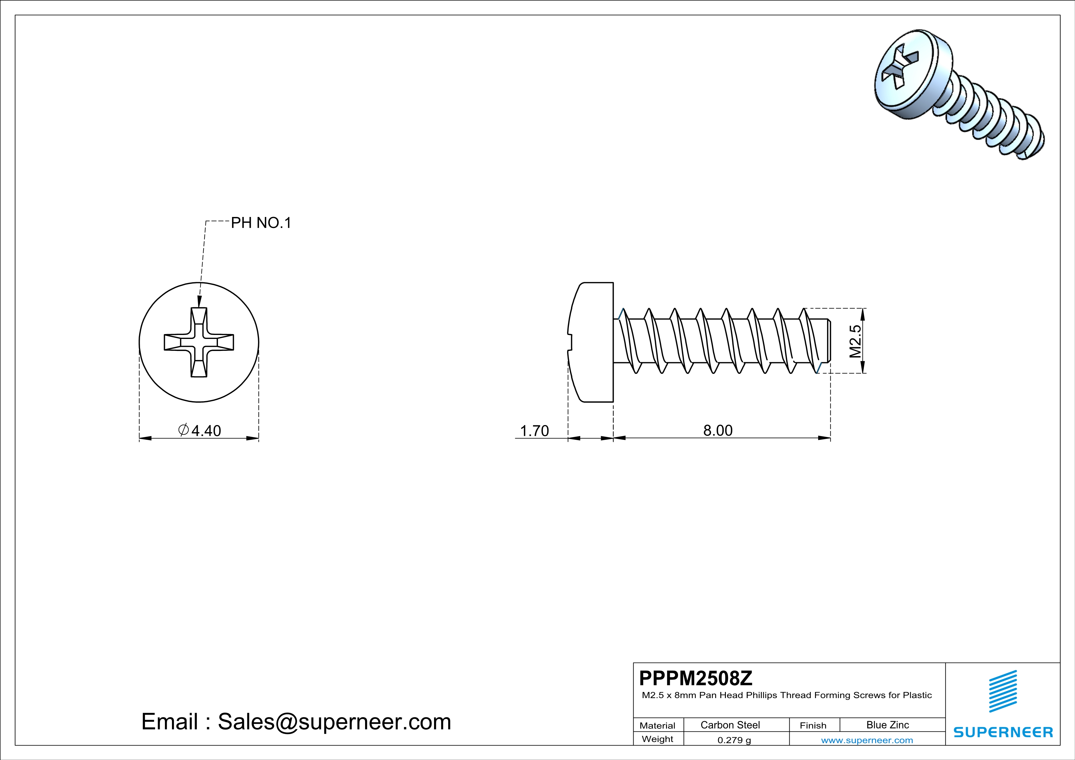 M2.5 × 8mm  Pan Head Phillips Thread Foming Screws for Plastic   Steel Blue Zinc Plated