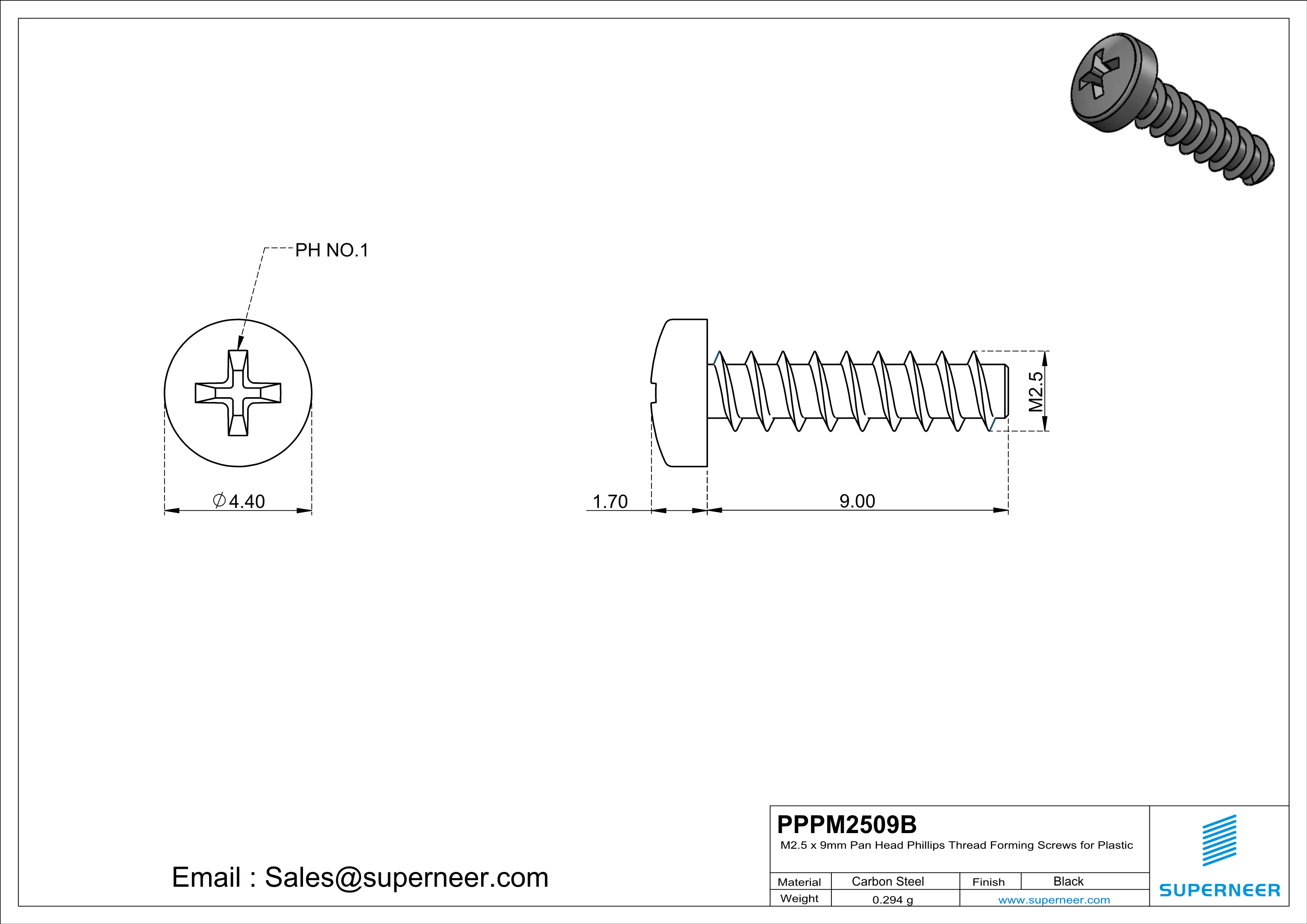 M2.5 × 9mm  Pan Head Phillips Thread Foming Screws for Plastic   Steel Black