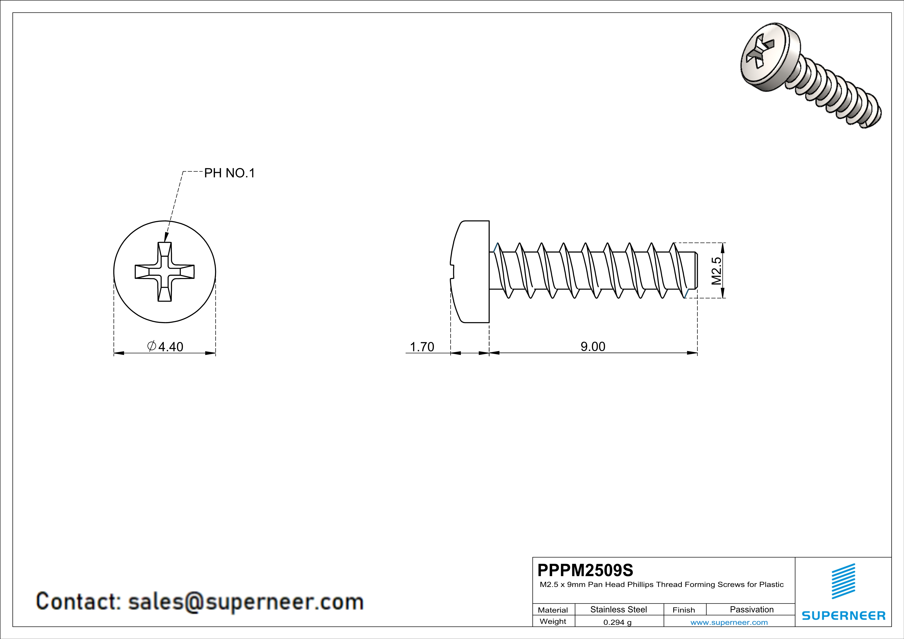 M2.5 × 9mm  Pan Head Phillips Thread Foming Screws for Plastic SUS304 Stainless Steel Inox