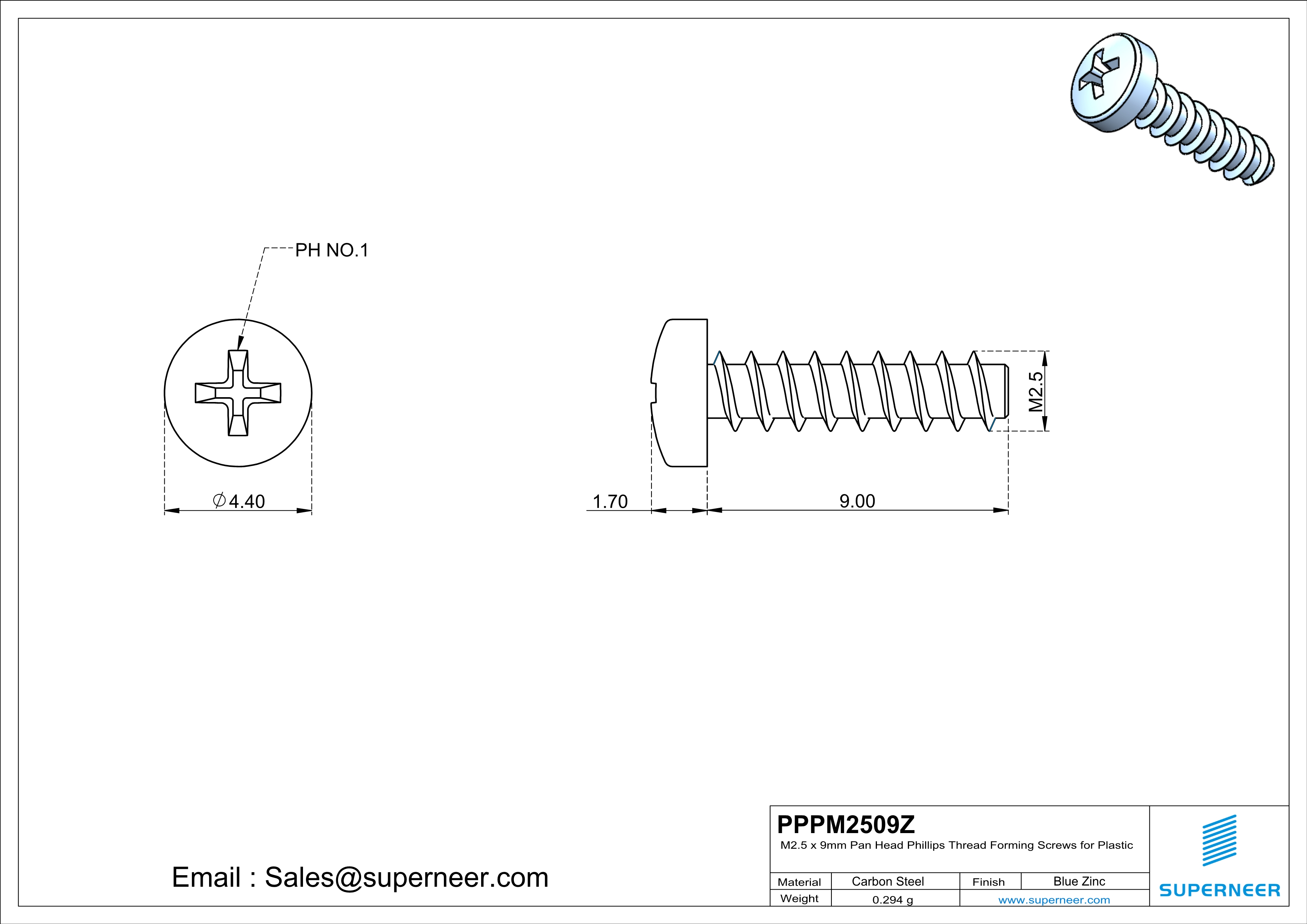 M2.5 × 9mm  Pan Head Phillips Thread Foming Screws for Plastic   Steel Blue Zinc Plated