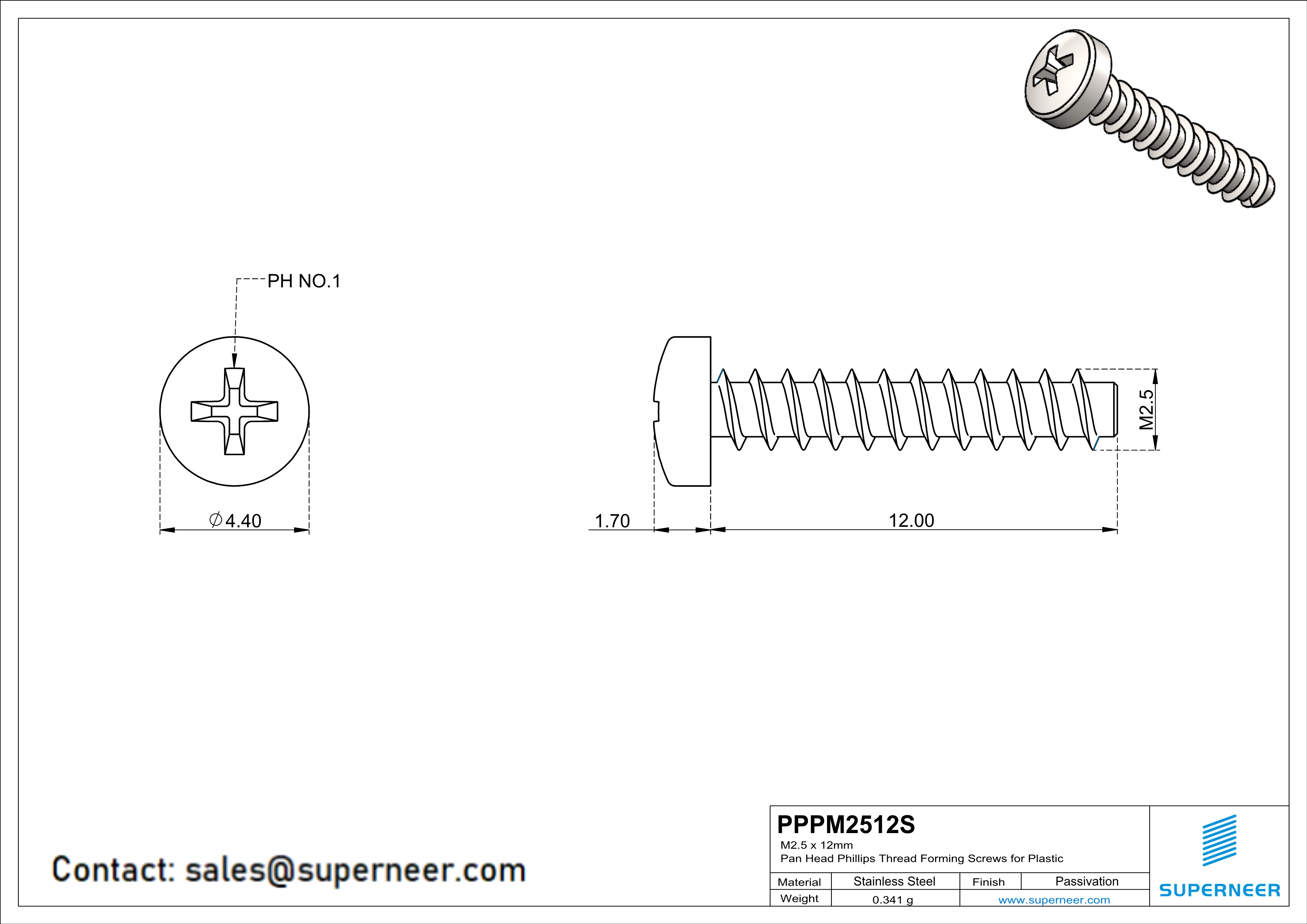 M2.5 × 12mm  Pan Head Phillips Thread Foming Screws for Plastic SUS304 Stainless Steel Inox