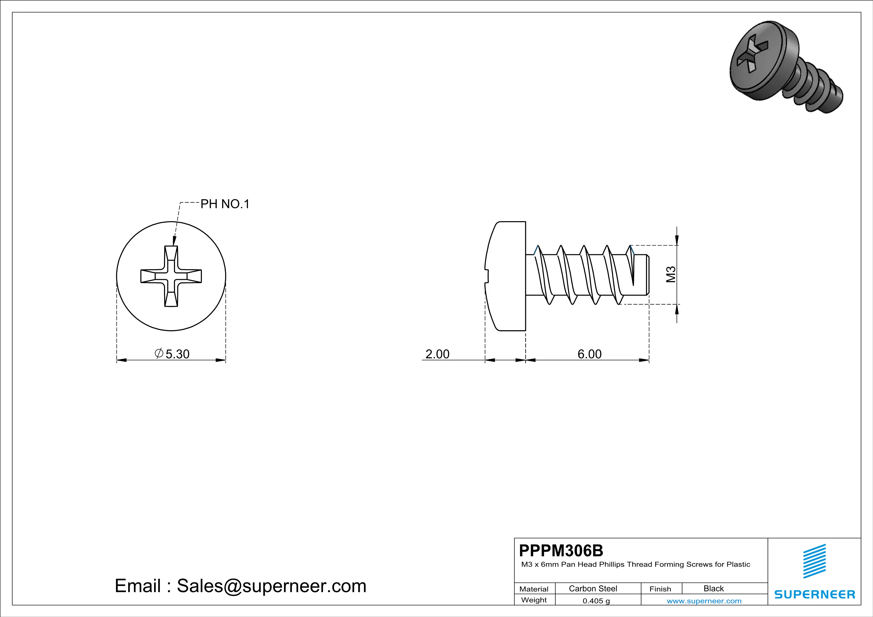 M3 × 6mm  Pan Head Phillips Thread Foming Screws for Plastic   Steel Black