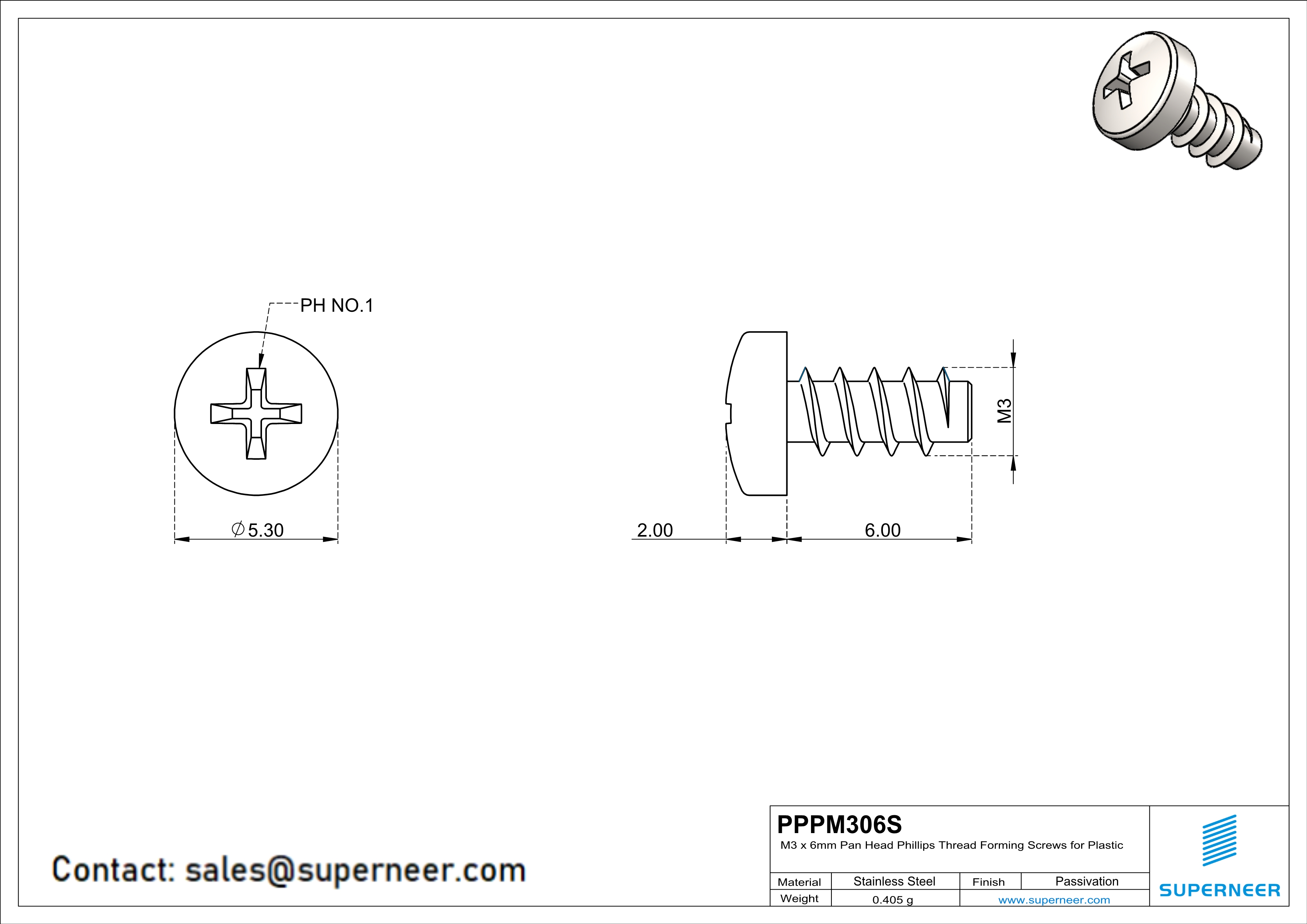 M3 × 6mm  Pan Head Phillips Thread Foming Screws for Plastic SUS304 Stainless Steel Inox